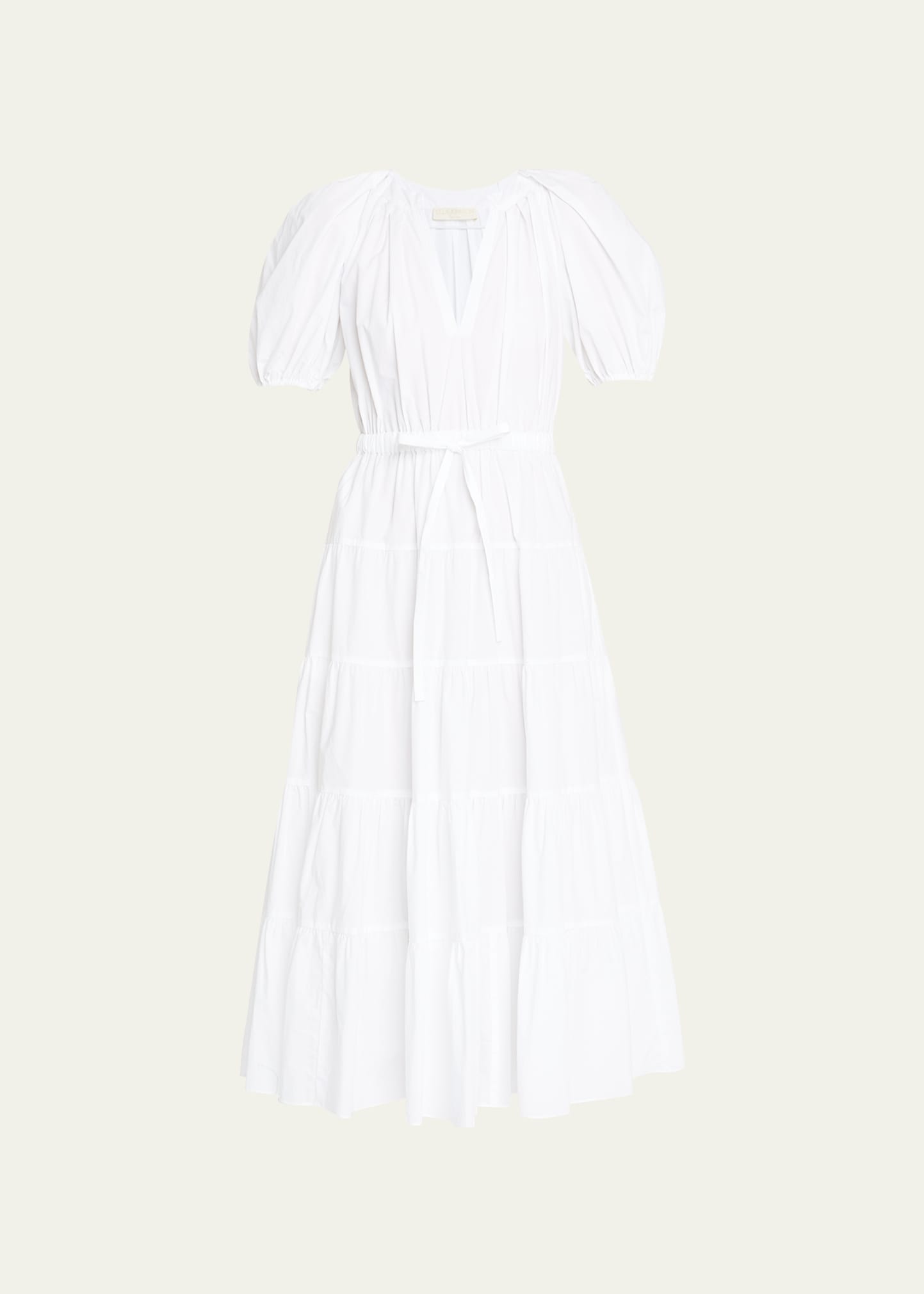 Ulla Johnson Olina Tiered Puff-sleeve Midi Poplin Dress In Blanc | ModeSens