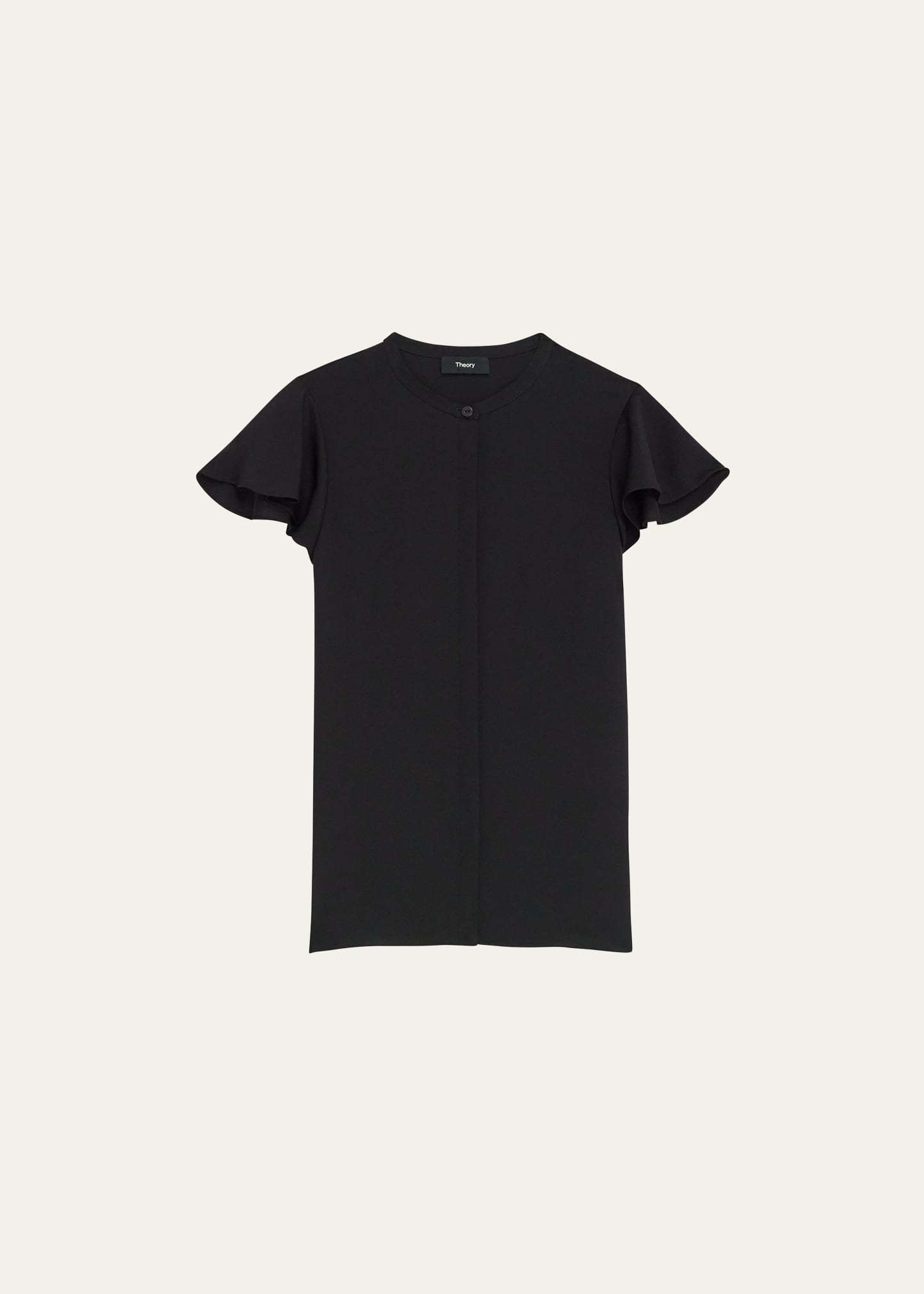 Theory Ruffle-sleeve Silk Button-front Top In Blk