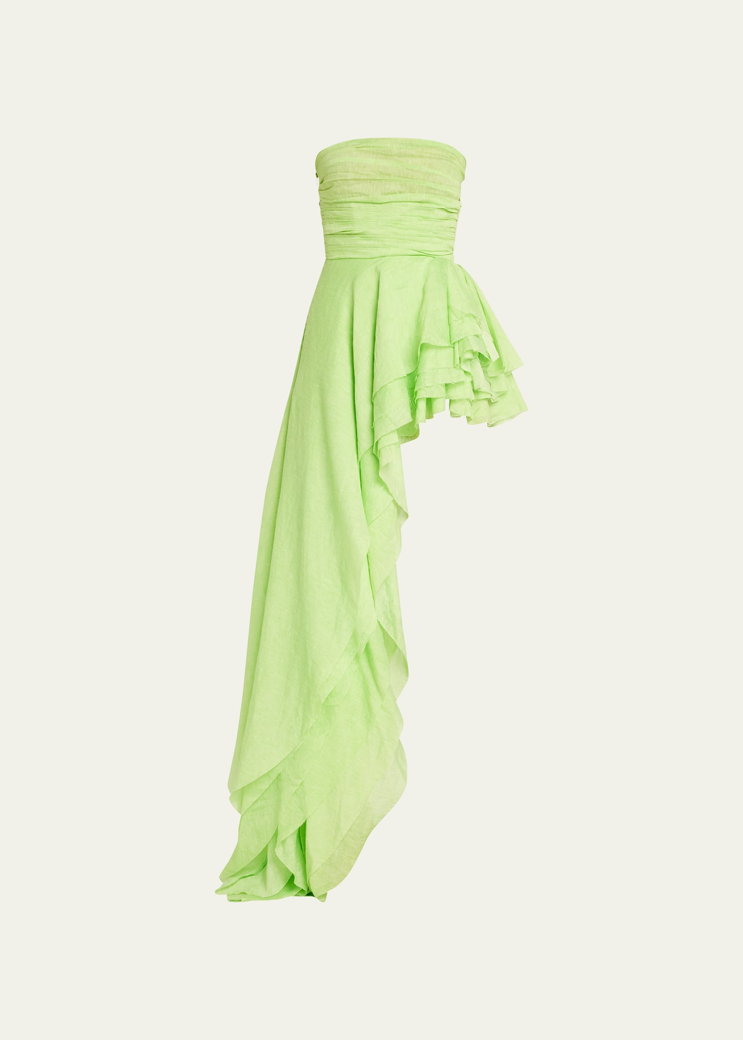 Bronx And Banco Tulum Strapless High-low Ruffle Gown In Neon Green