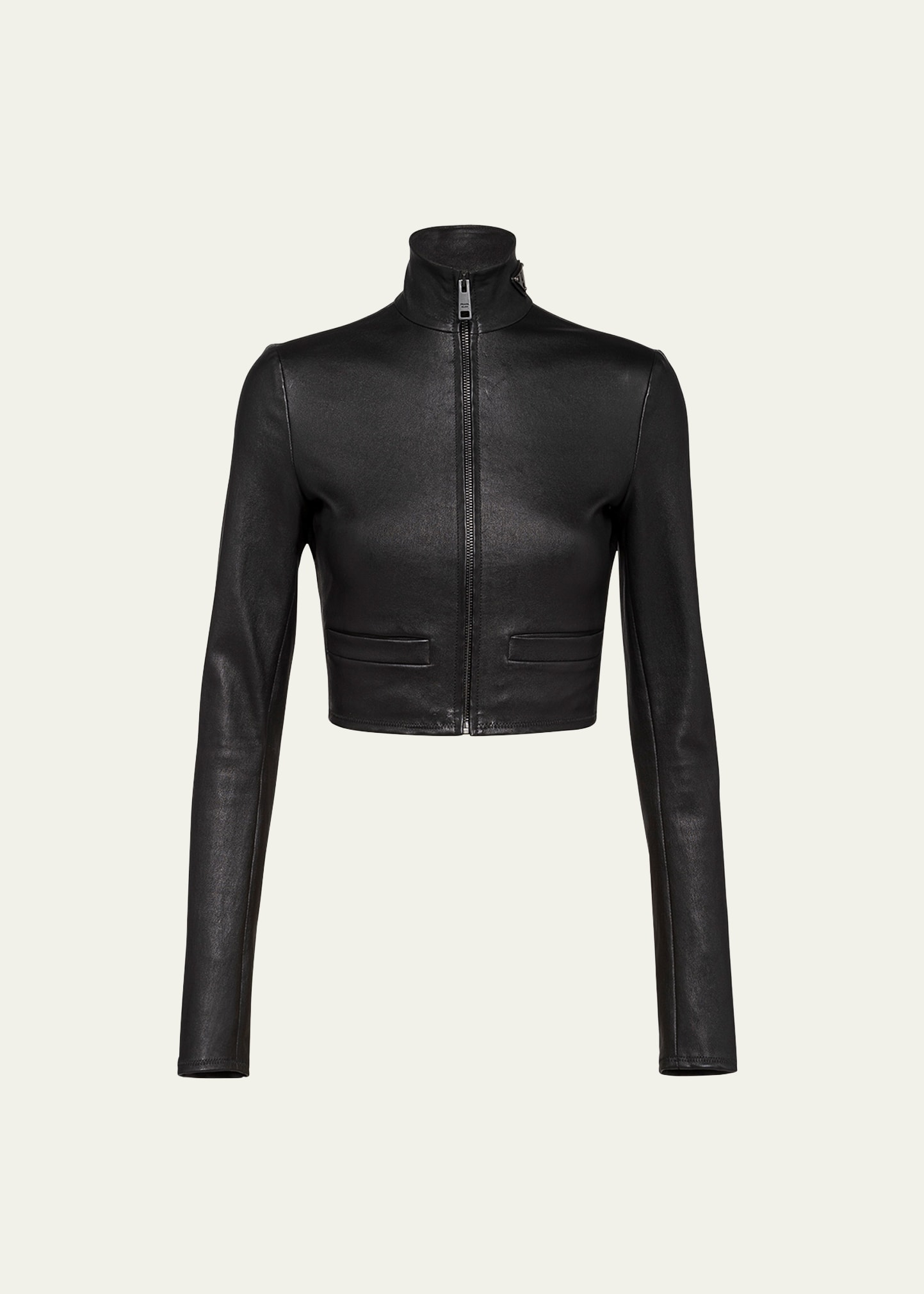 Prada Leather Zip Crop Jacket In F0002 Nero