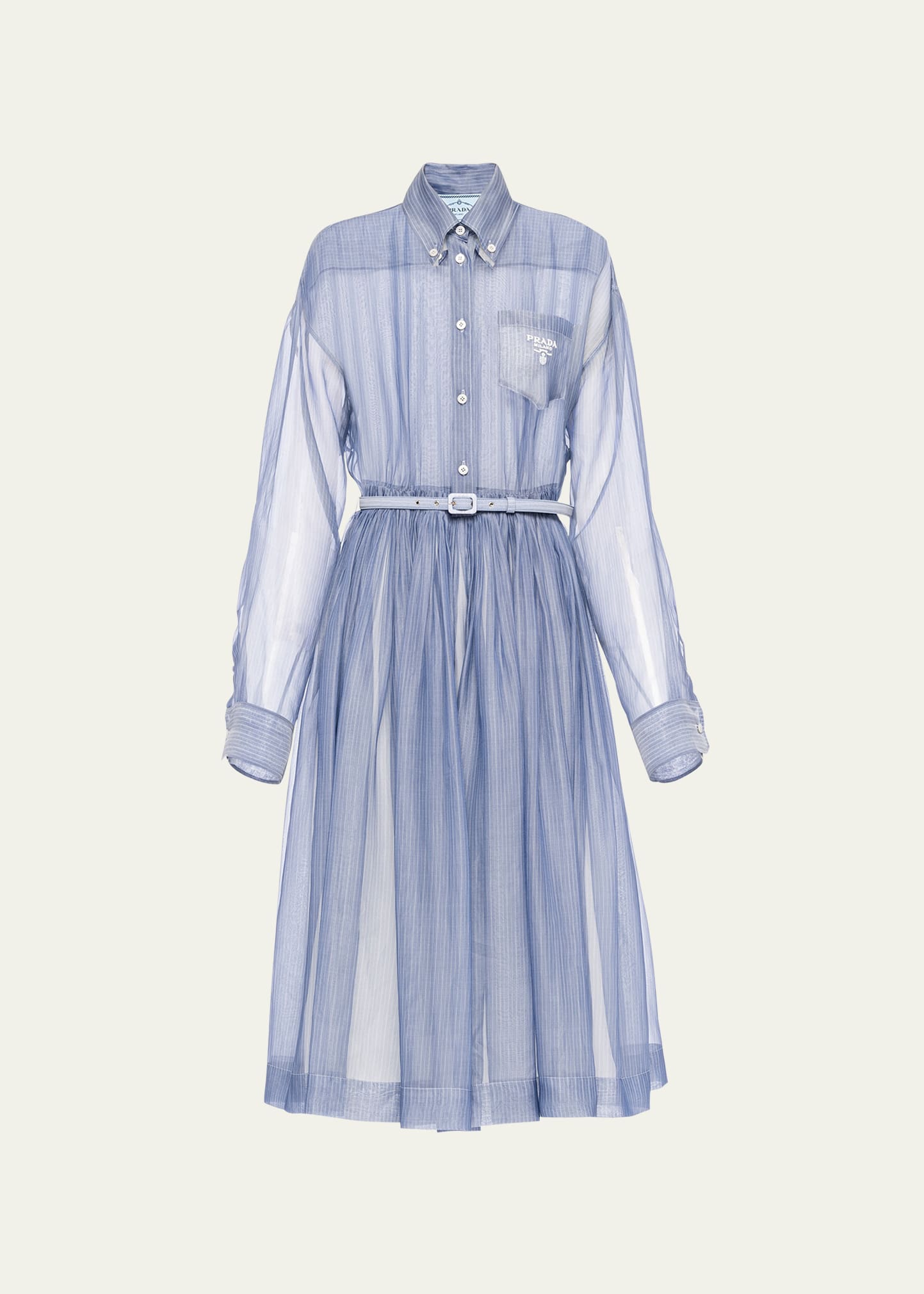 Prada Organza Stripe Belted Midi Dress In F022x Blu Bianco