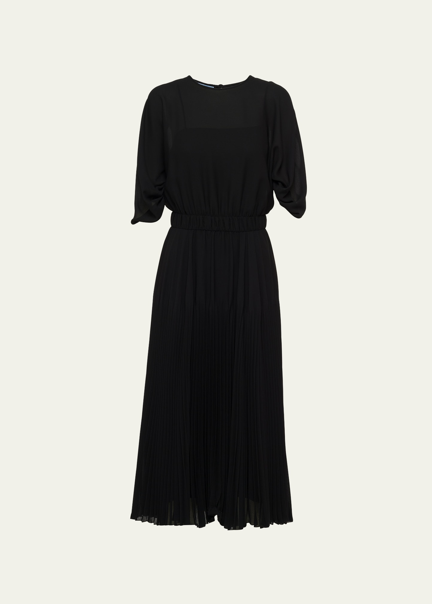 Prada Sunray Pleat Sable Belted Midi Dress In 黑色