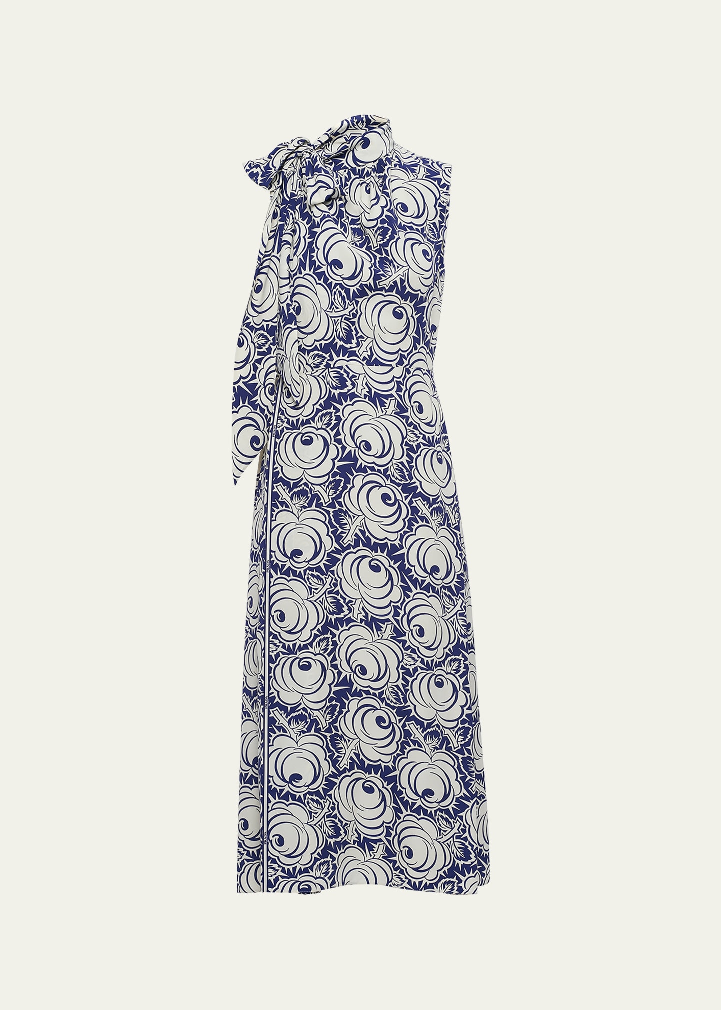 Shop Prada Floral-print Midi Dress With Scarf Neck In F067k Blu Natural