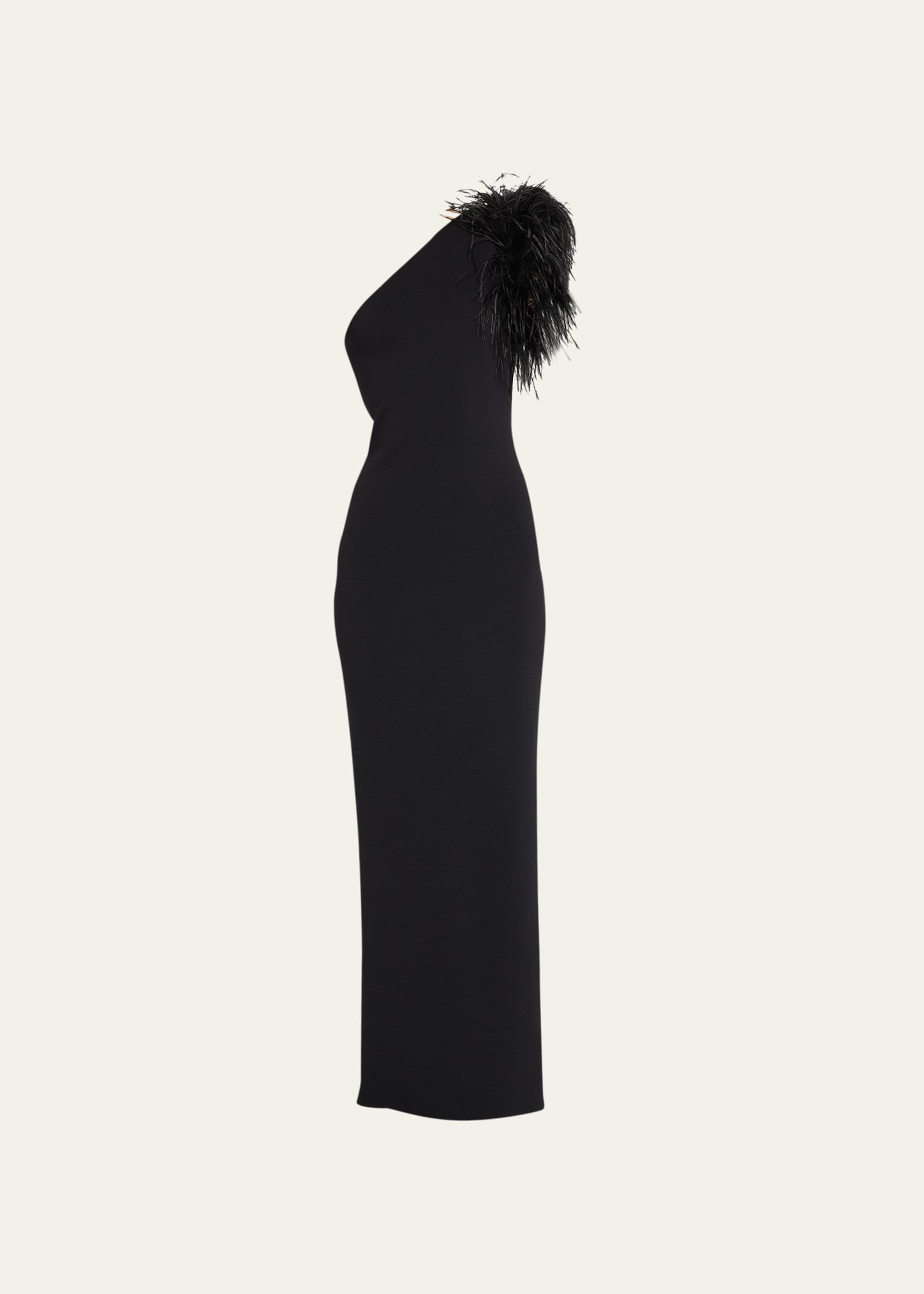 RACHEL GILBERT ELCIE ONE-SHOULDER COLUMN GOWN WITH FEATHERS