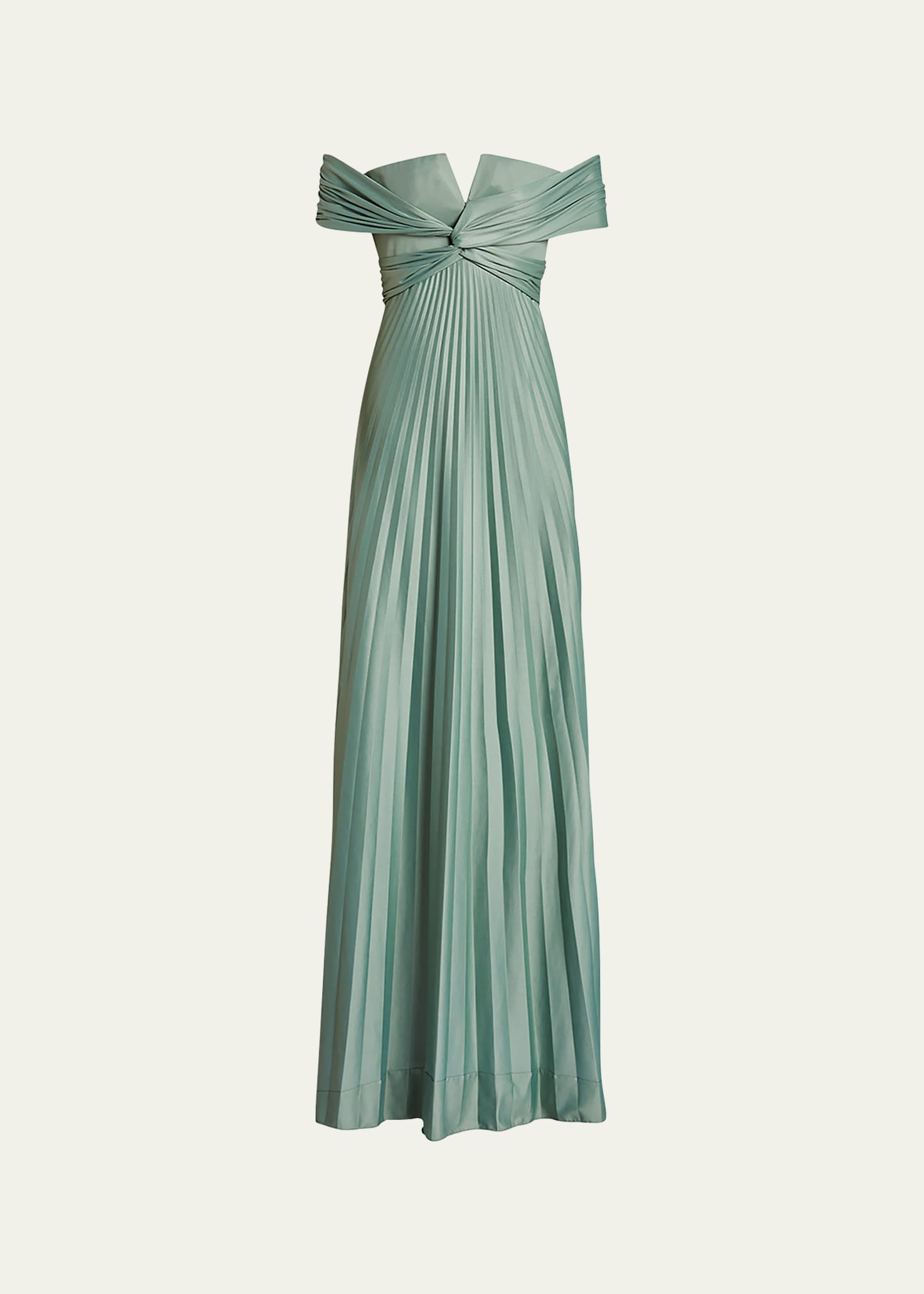 Merridan Twisted Off-The-Shoulder Pleated Gown