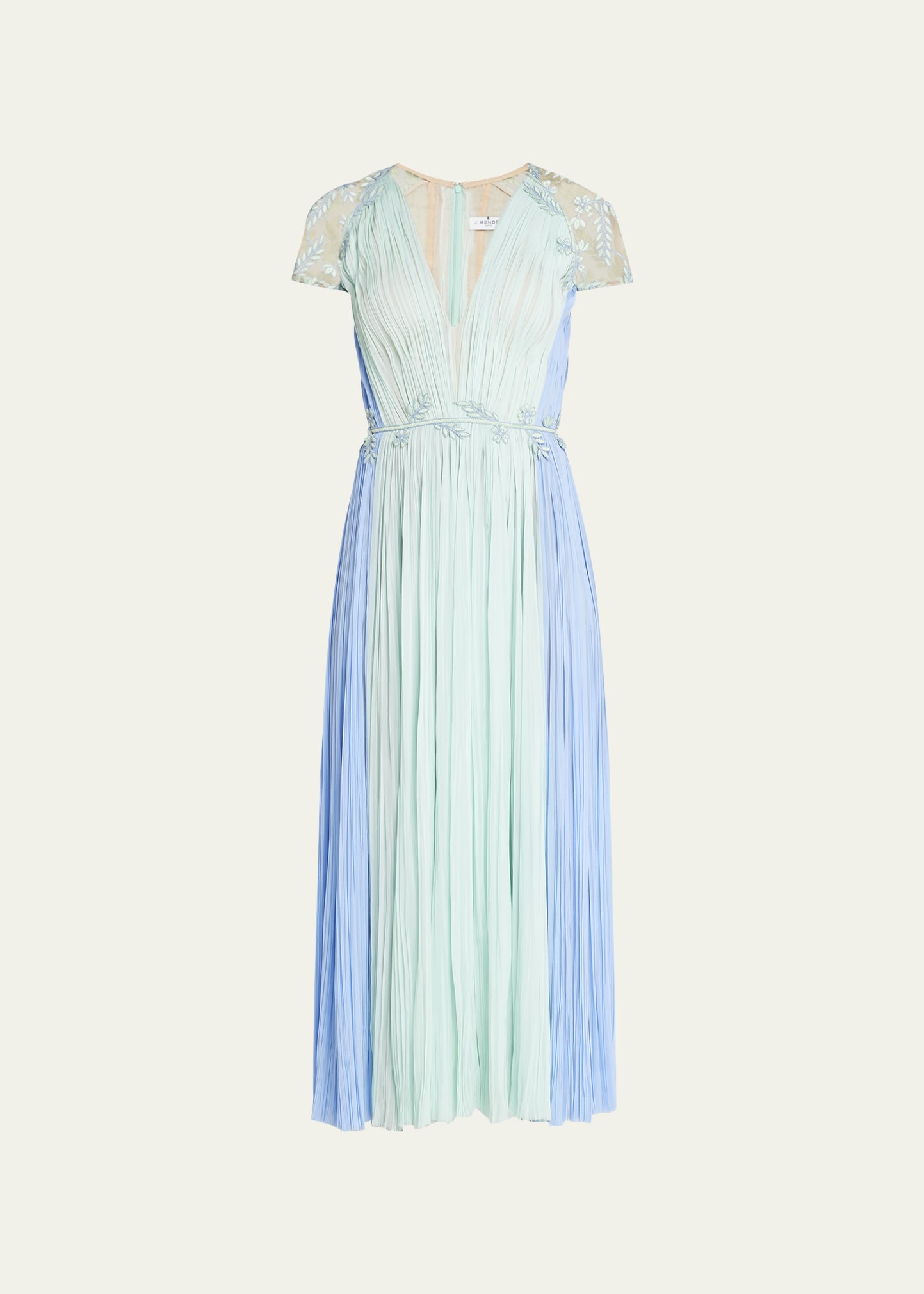 J. Mendel Two-Toned Silk Hand-Pleated Dress with Floral Applique