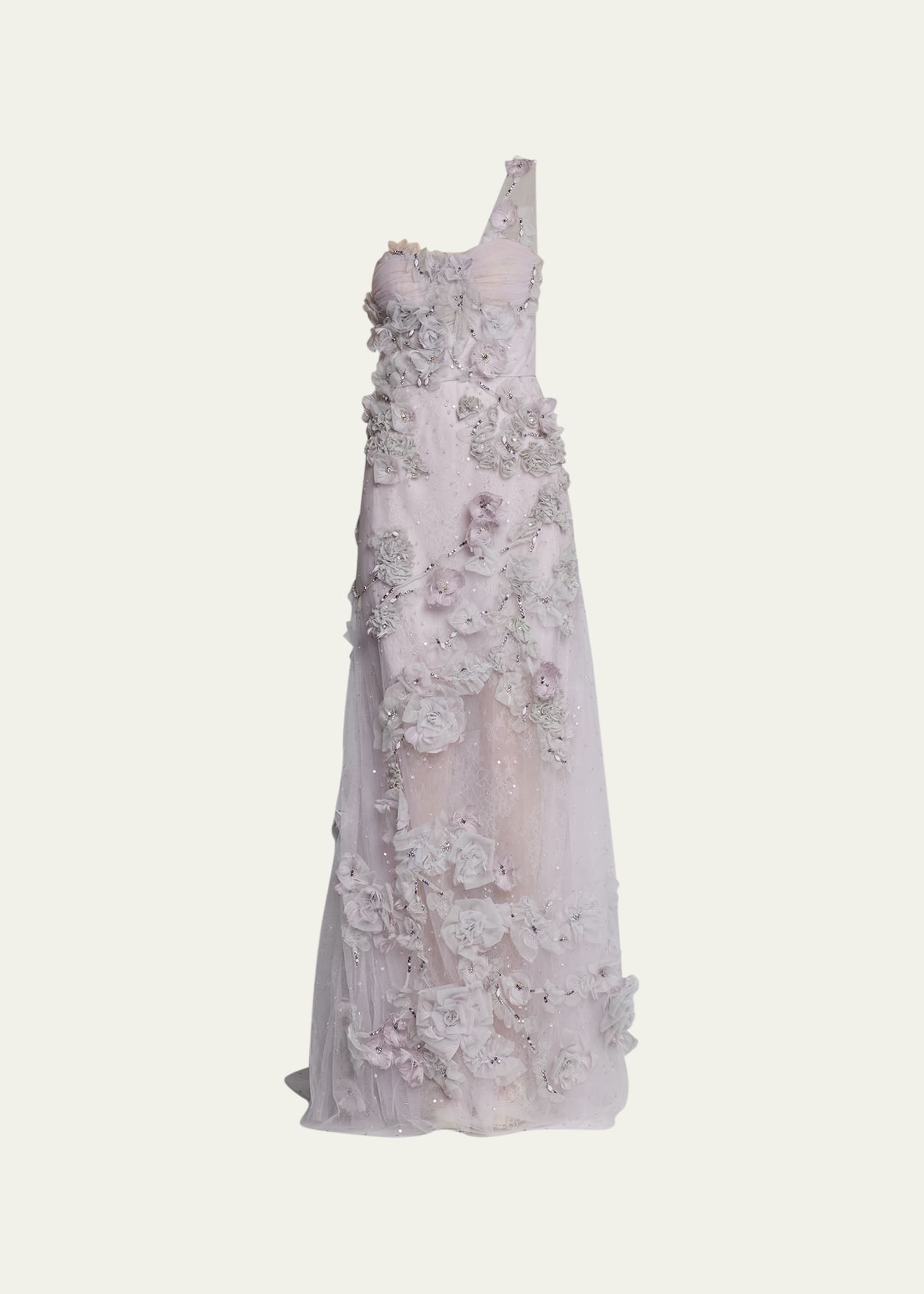 Marchesa Floral Organza One-shoulder Illusion Tulle Gown In Dusty Lilac