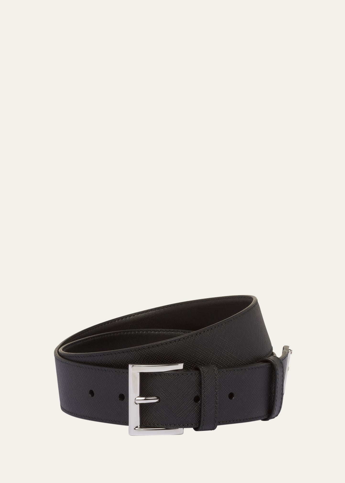 Prada Men's Triangle Logo Saffiano Leather Belt In Black
