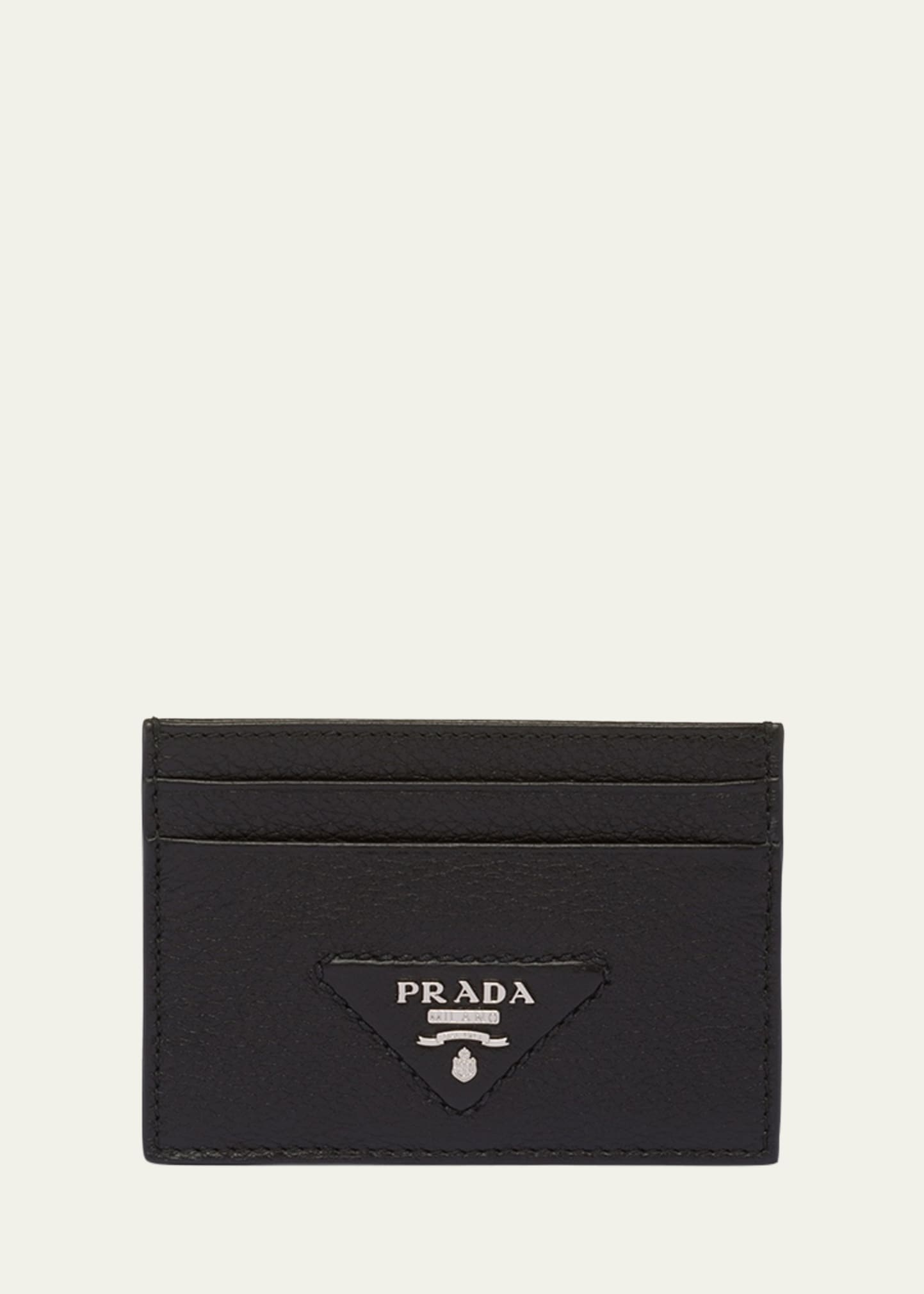 Prada Men's Metal Logo Leather Card Case In Black