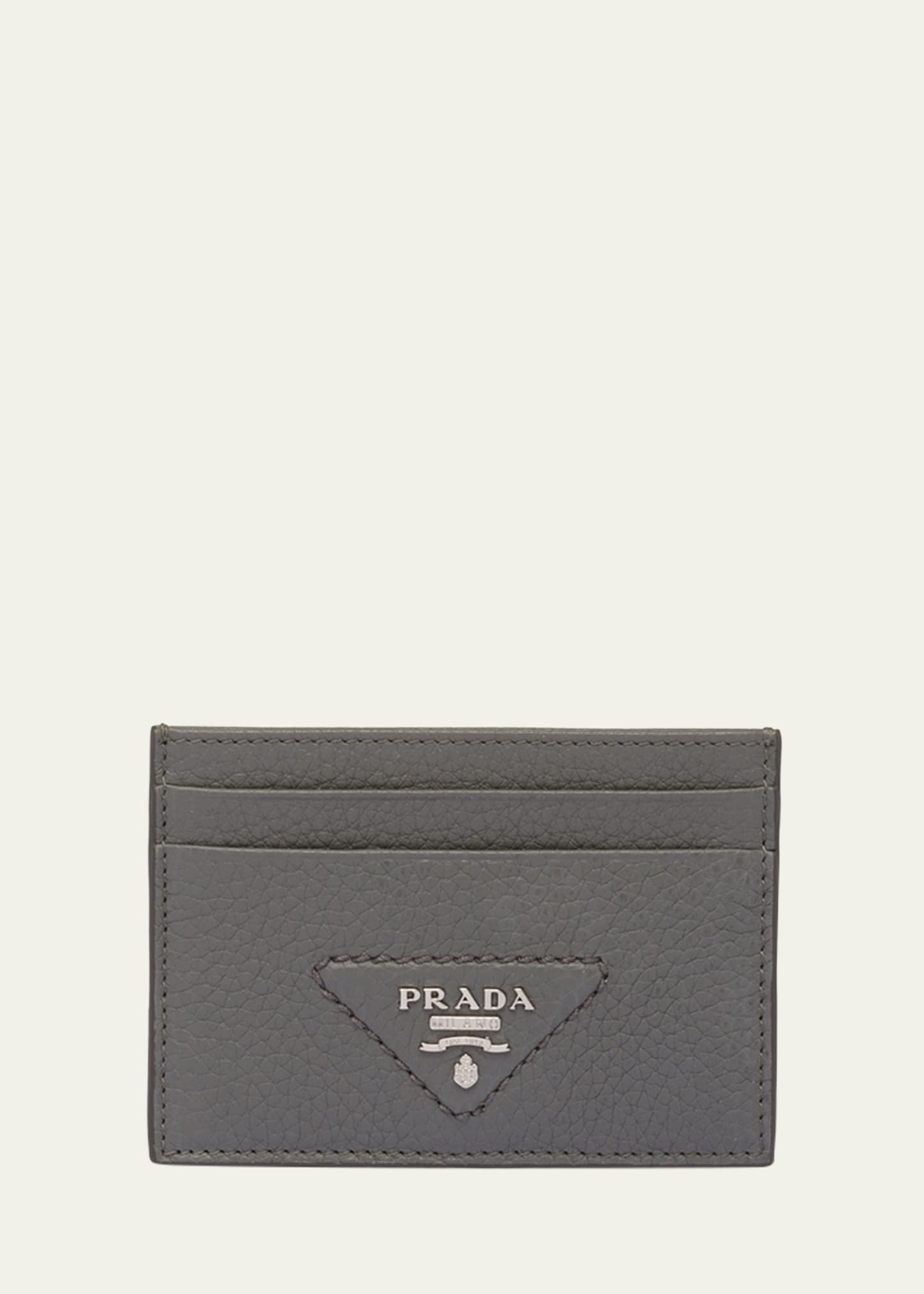 Prada Men's Metal Logo Leather Card Case In Grey