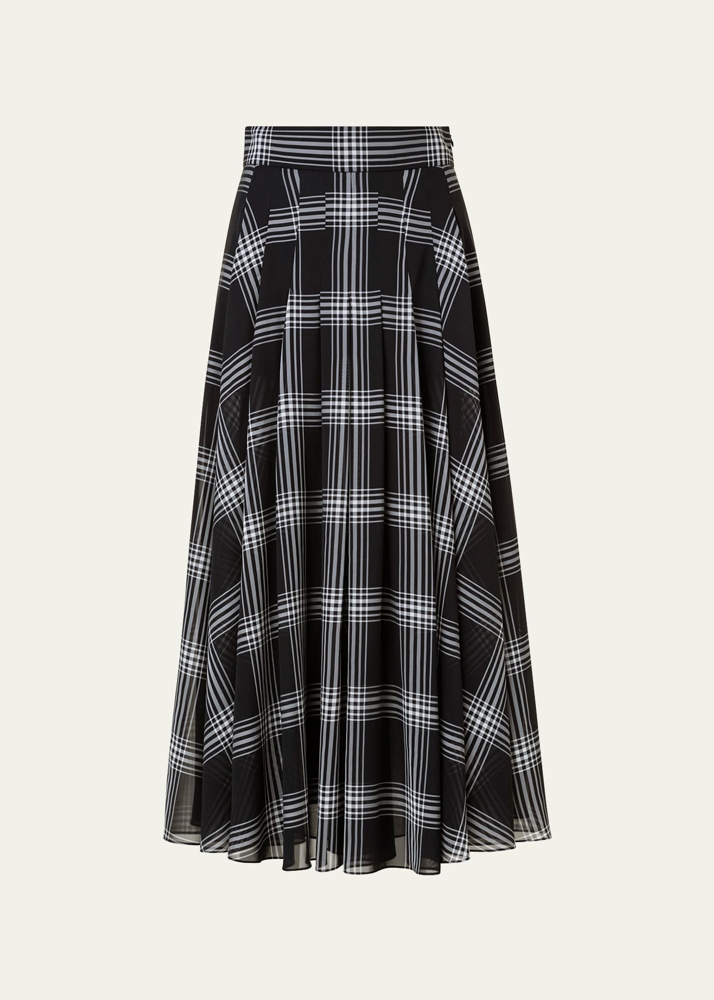 Shop Akris Silk Organza Check Print Pleated Midi Skirt In Black-ecru