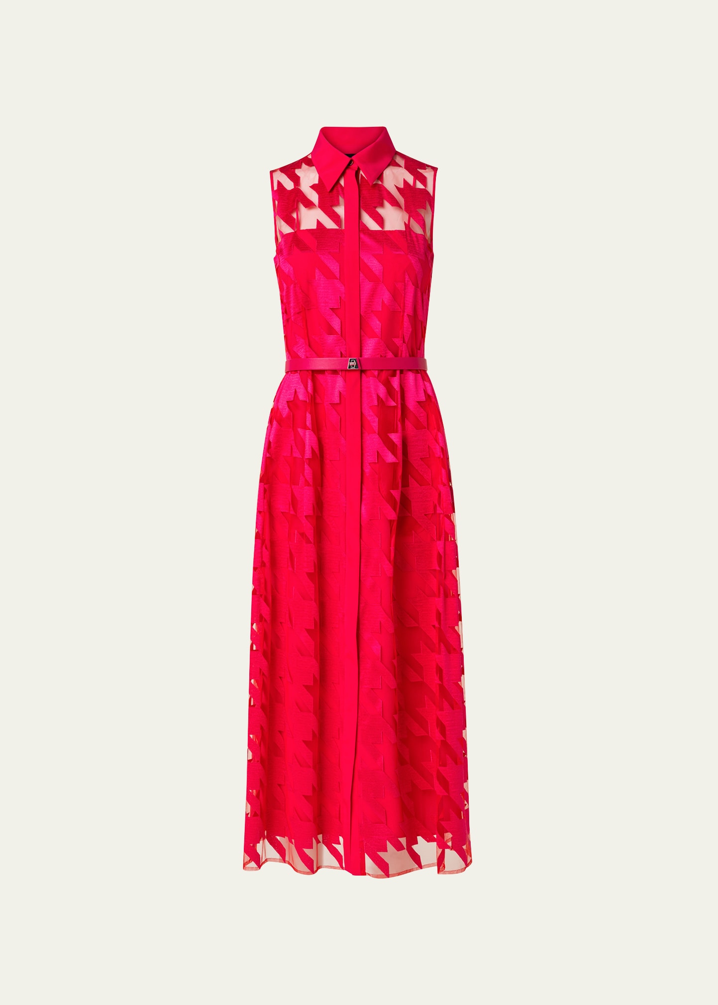 AKRIS HOUNDSTOOTH-EMBROIDERED BELTED MAXI DRESS