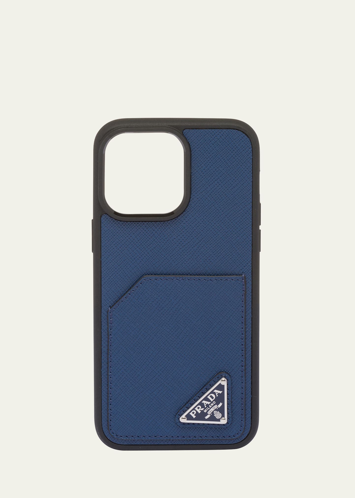 Prada Men's Saffiano Leather Iphone 14 Pro Max Phone Case In Blue