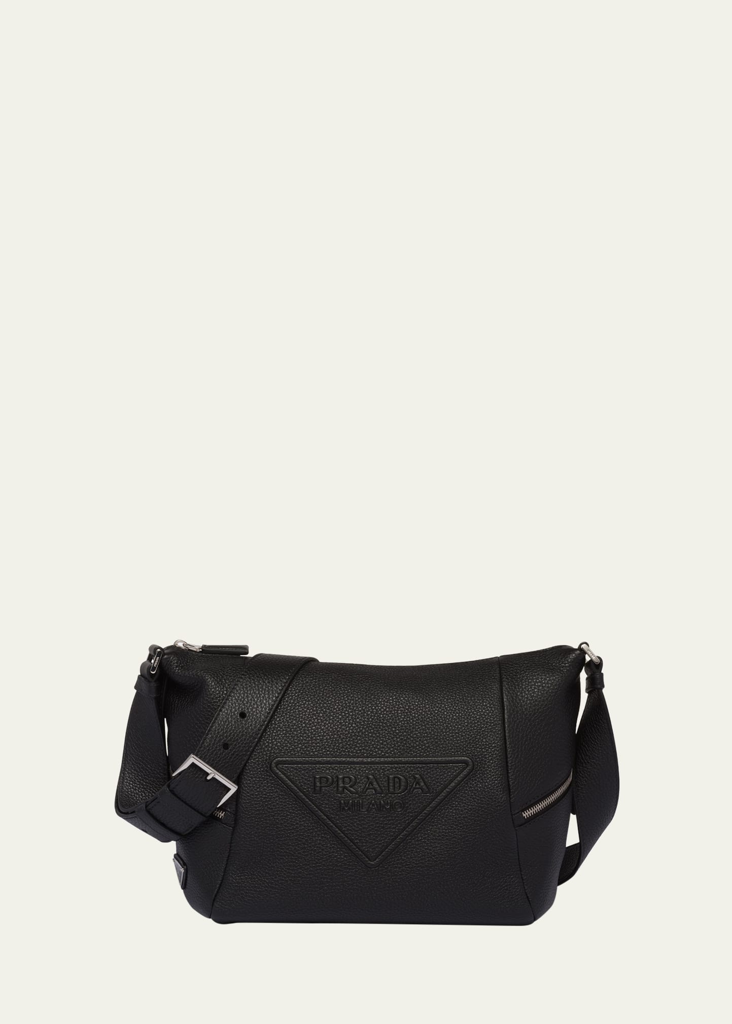 Prada Men's Embossed Logo Leather Shoulder Bag In Black