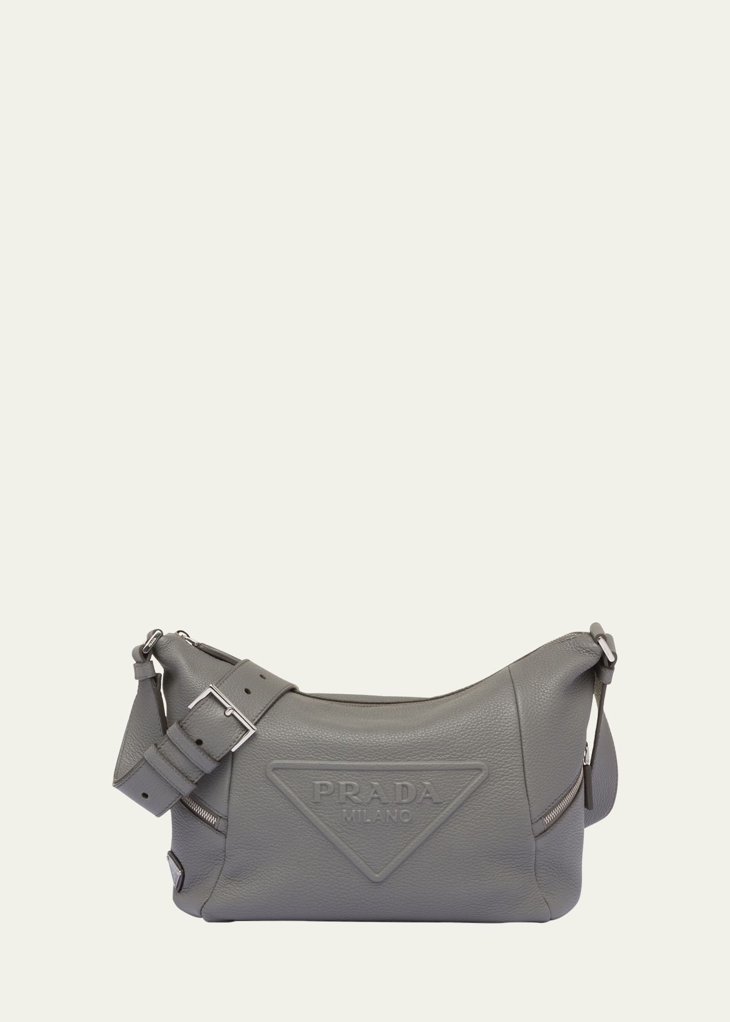 Shop Prada Men's Embossed Logo Leather Shoulder Bag In Grey