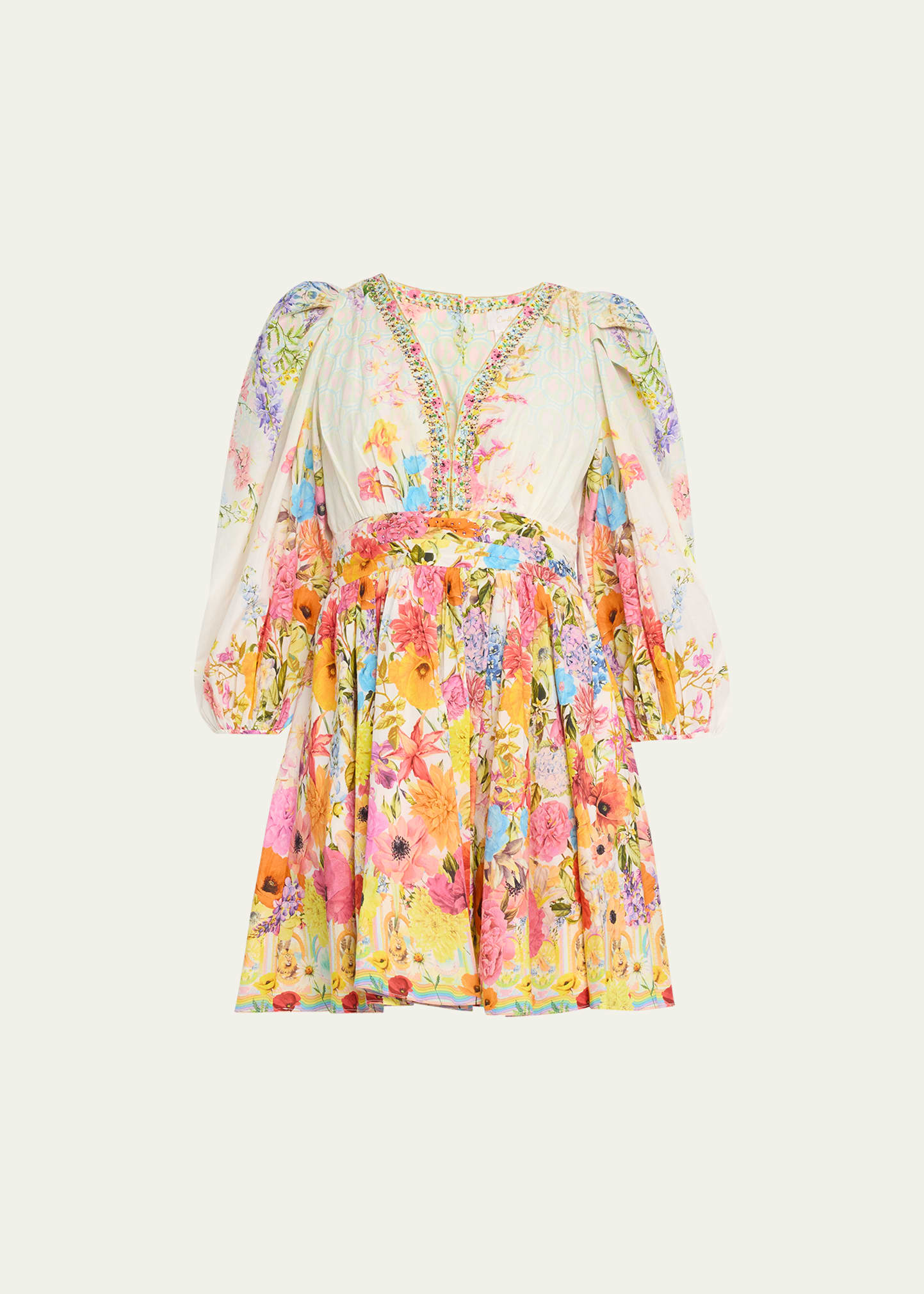 Shop Camilla Blouson-sleeve Flared Cotton-silk Mini Dress In Sunlight Symphony