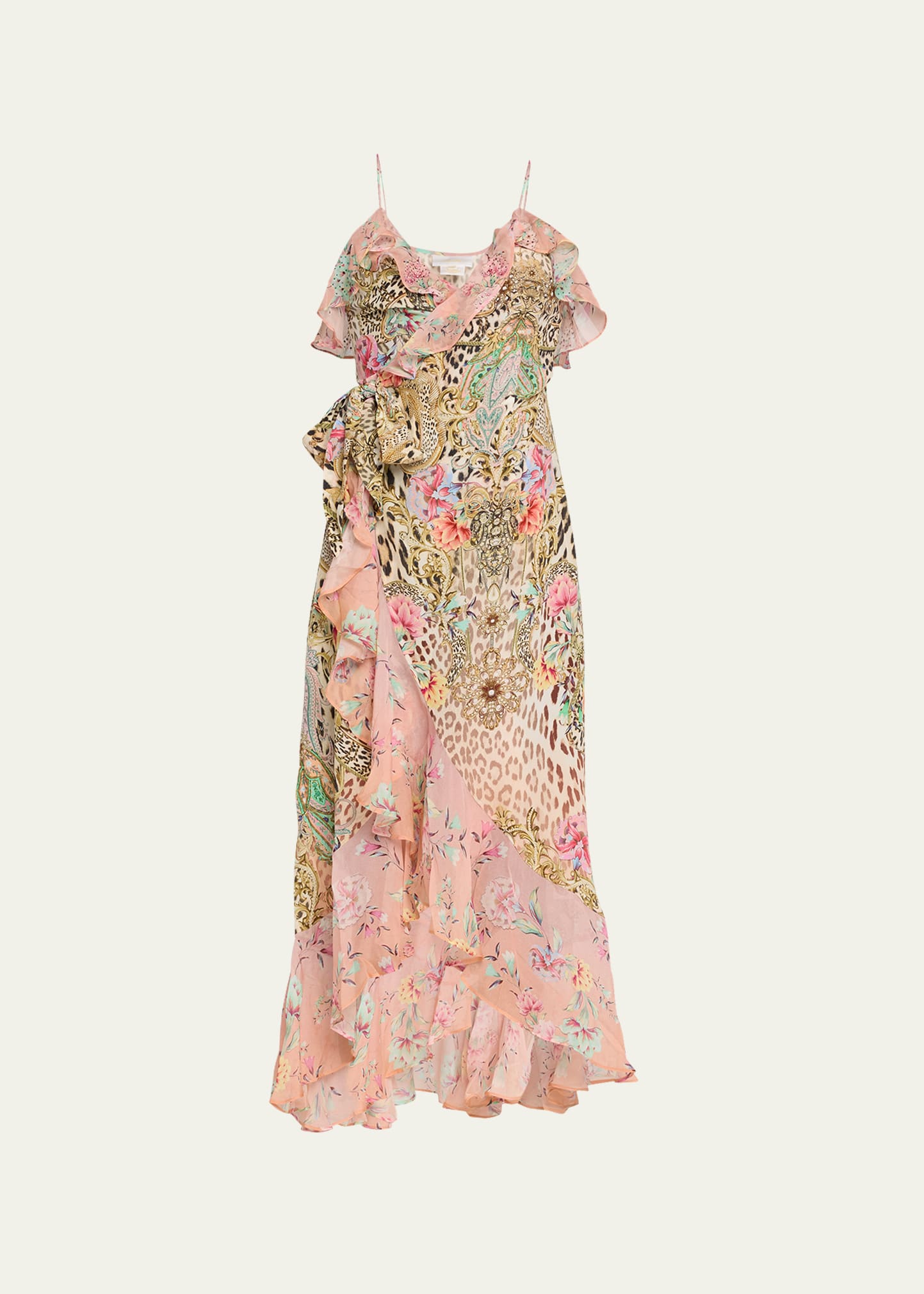 CAMILLA LONG SILK HIGH-LOW WRAP DRESS WITH FRILL