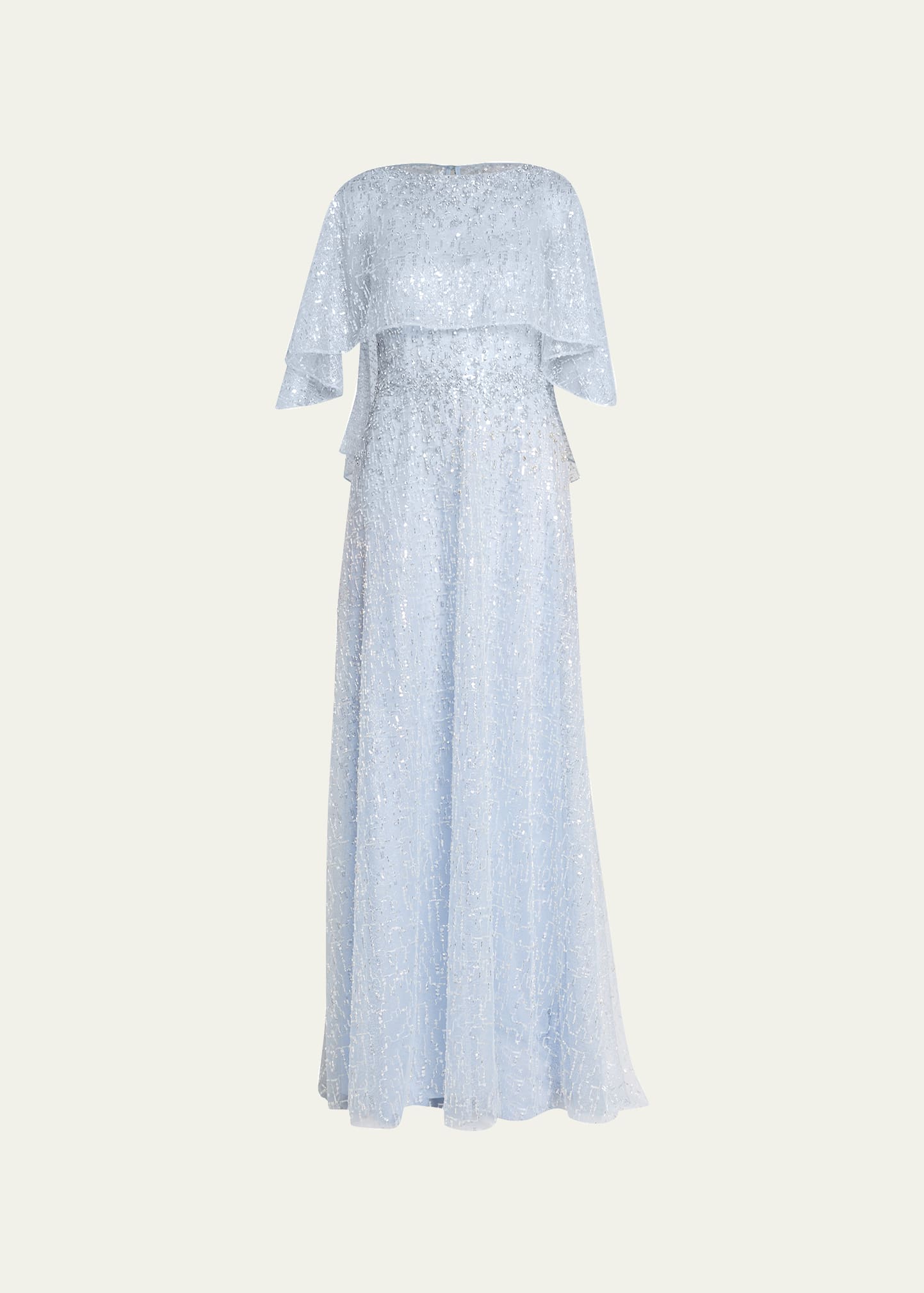 Rickie Freeman For Teri Jon Beaded Mesh Capelet A-line Gown In Ice Blue