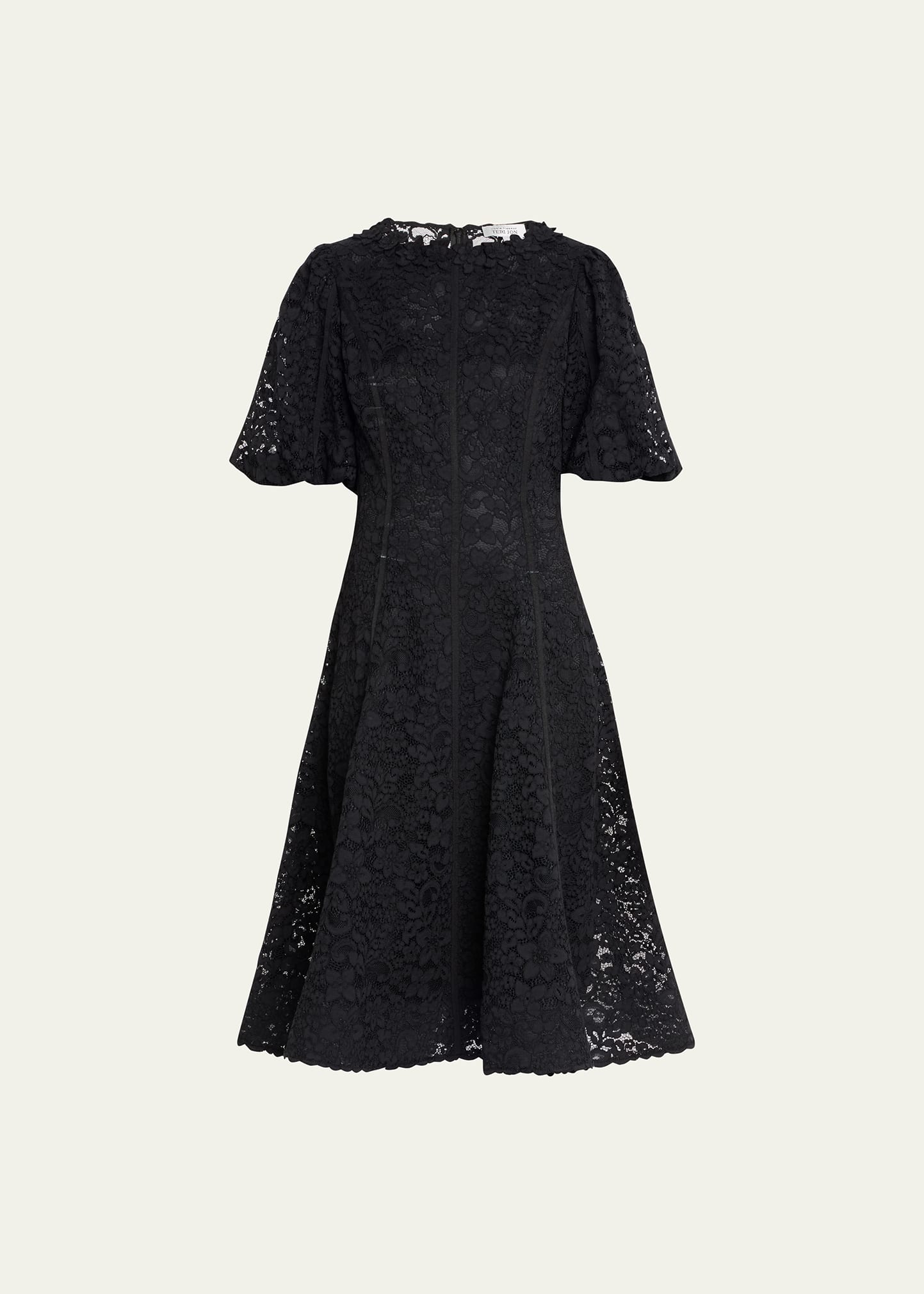 Shop Rickie Freeman For Teri Jon Embroidered Puff-sleeve Floral Lace Knee Dress In Black