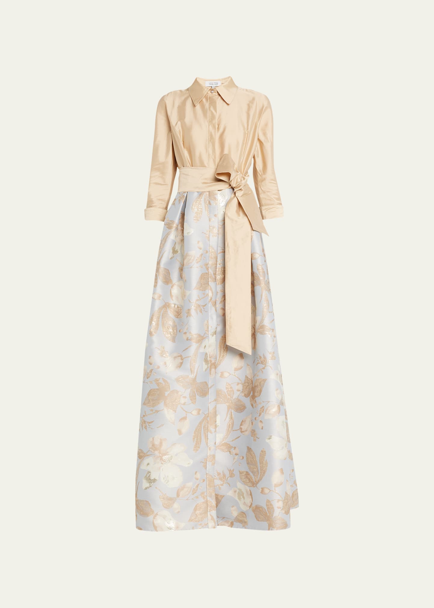 Rickie Freeman For Teri Jon Floral Jacquard Waist Taffeta Shirtdress Gown In Gold Multi