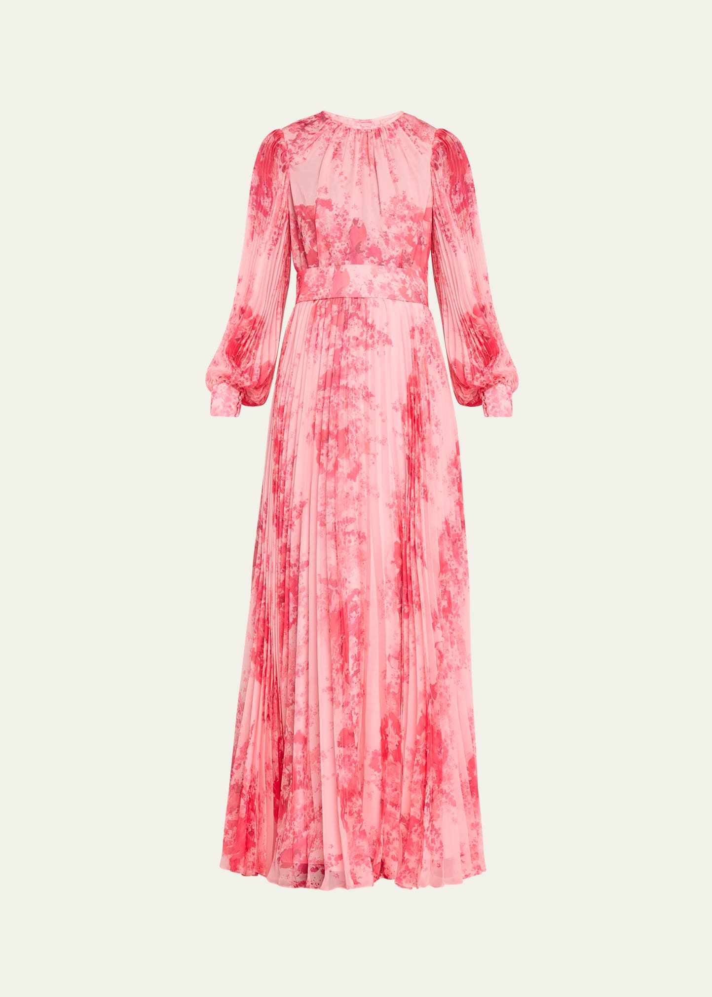 Shop Rickie Freeman For Teri Jon Pleated Floral-print Blouson-sleeve Gown In Pink Multi