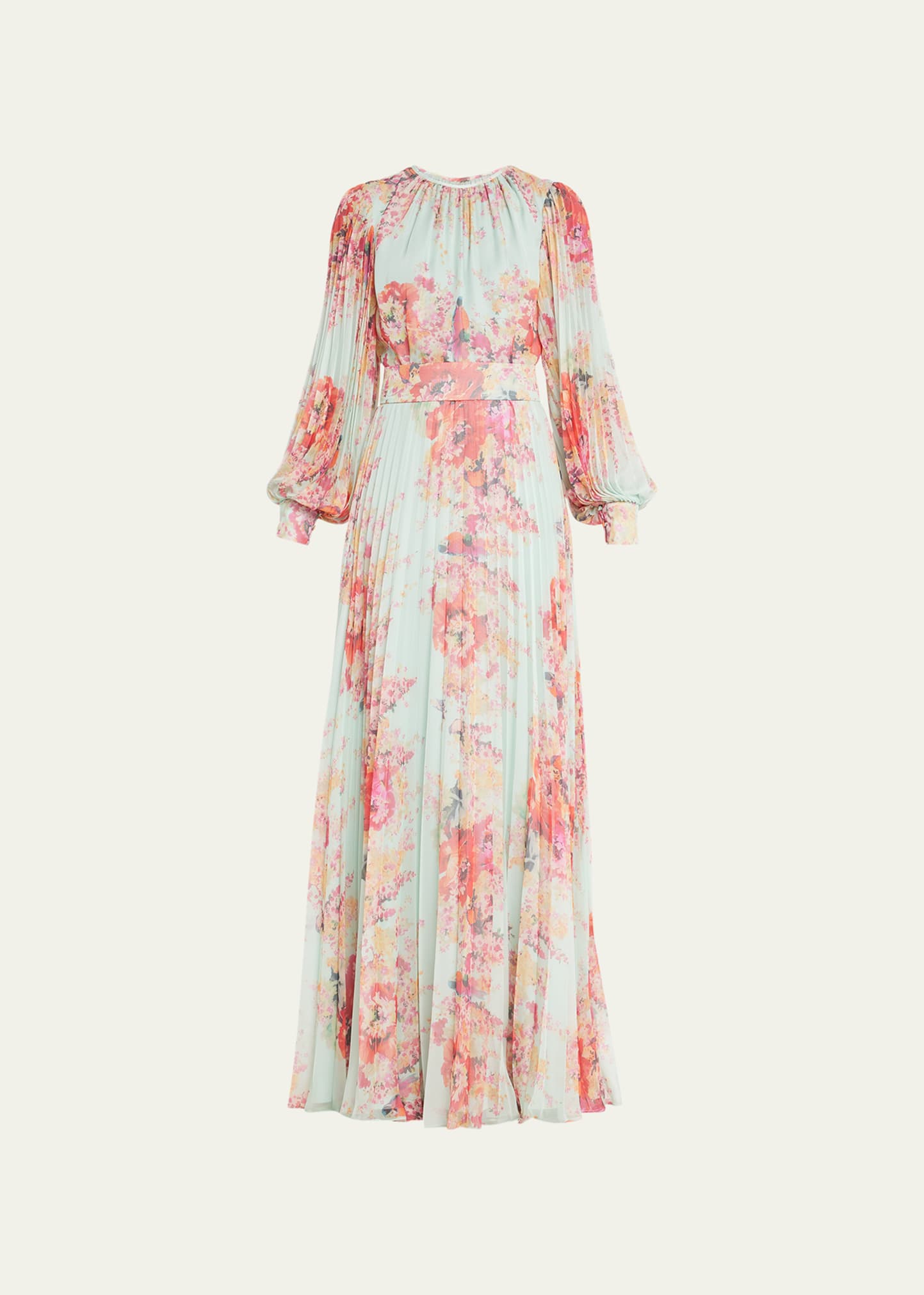 Pleated Floral-Print Blouson-Sleeve Gown