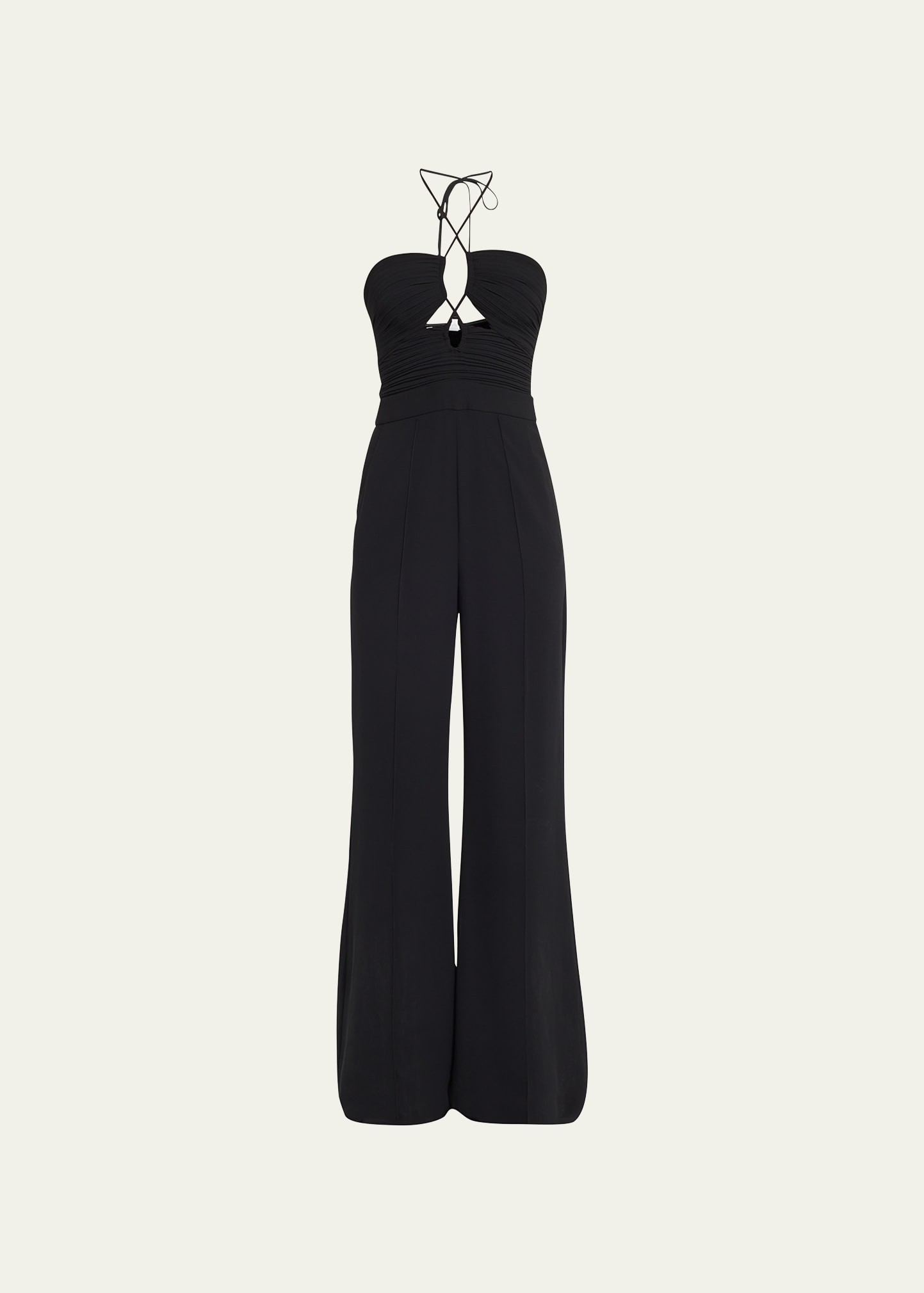 JONATHAN SIMKHAI GALA PLISSÉ CUTOUT WIDE-LEG HALTER JUMPSUIT