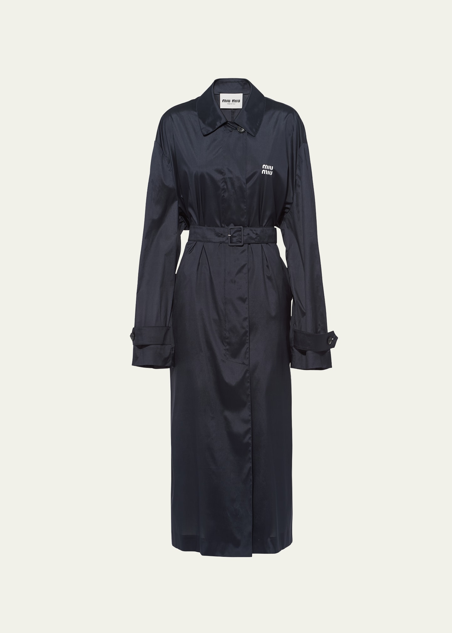 Shop Miu Miu Logo-print Technical Silk Belted Coat In F0008 Bleu