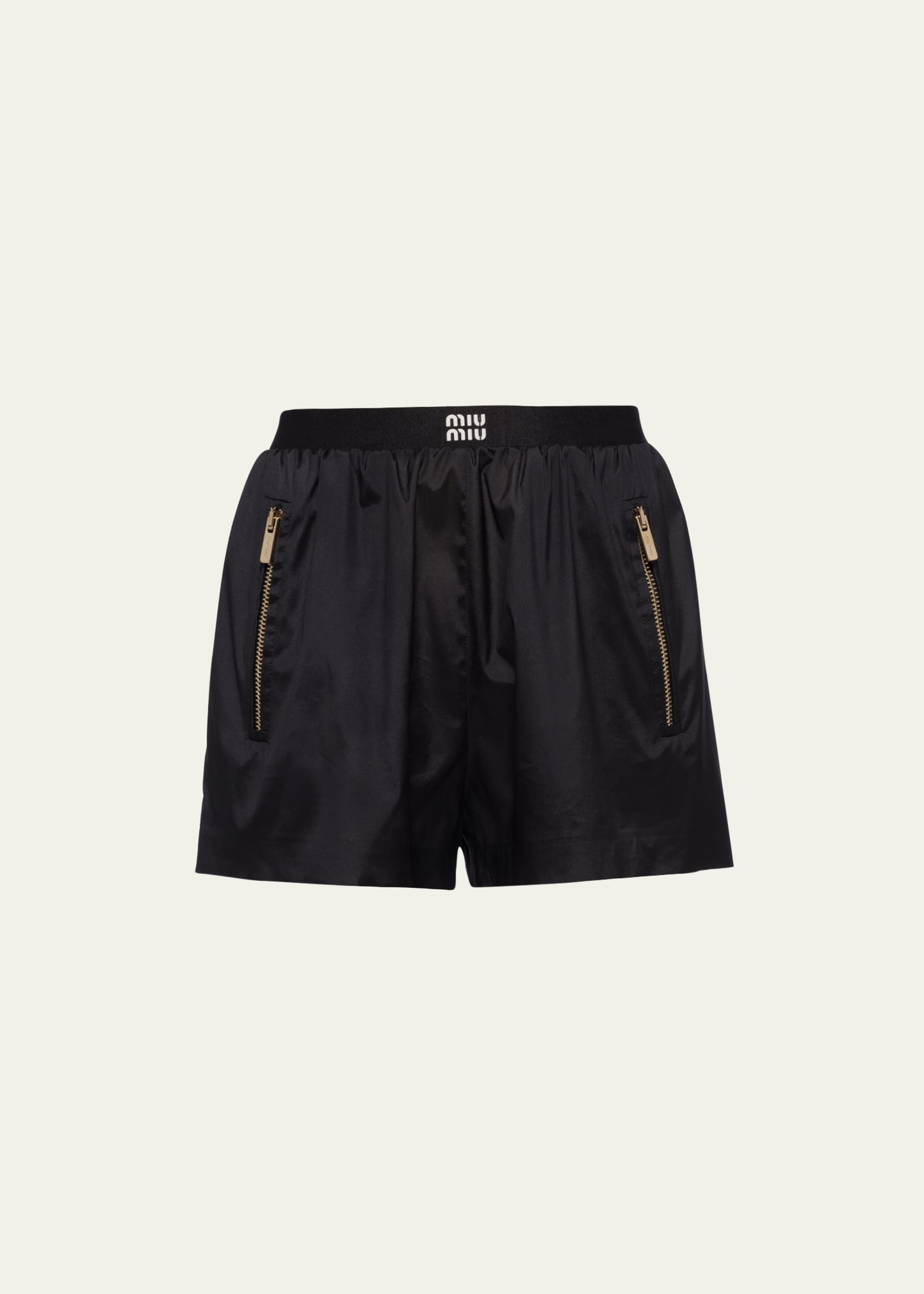 Miu Miu Technical Silk Shorts With Printed Logo In F0002 Nero