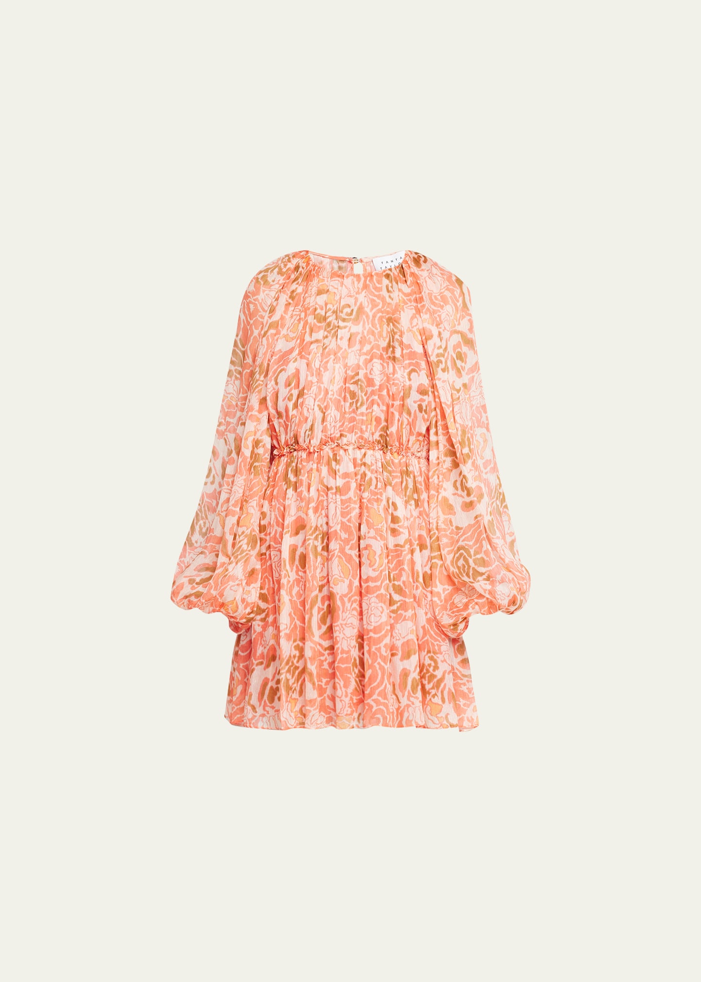 Shop Tanya Taylor York Floral Linen-silk Blouson-sleeve Mini Dress In Guava Multi