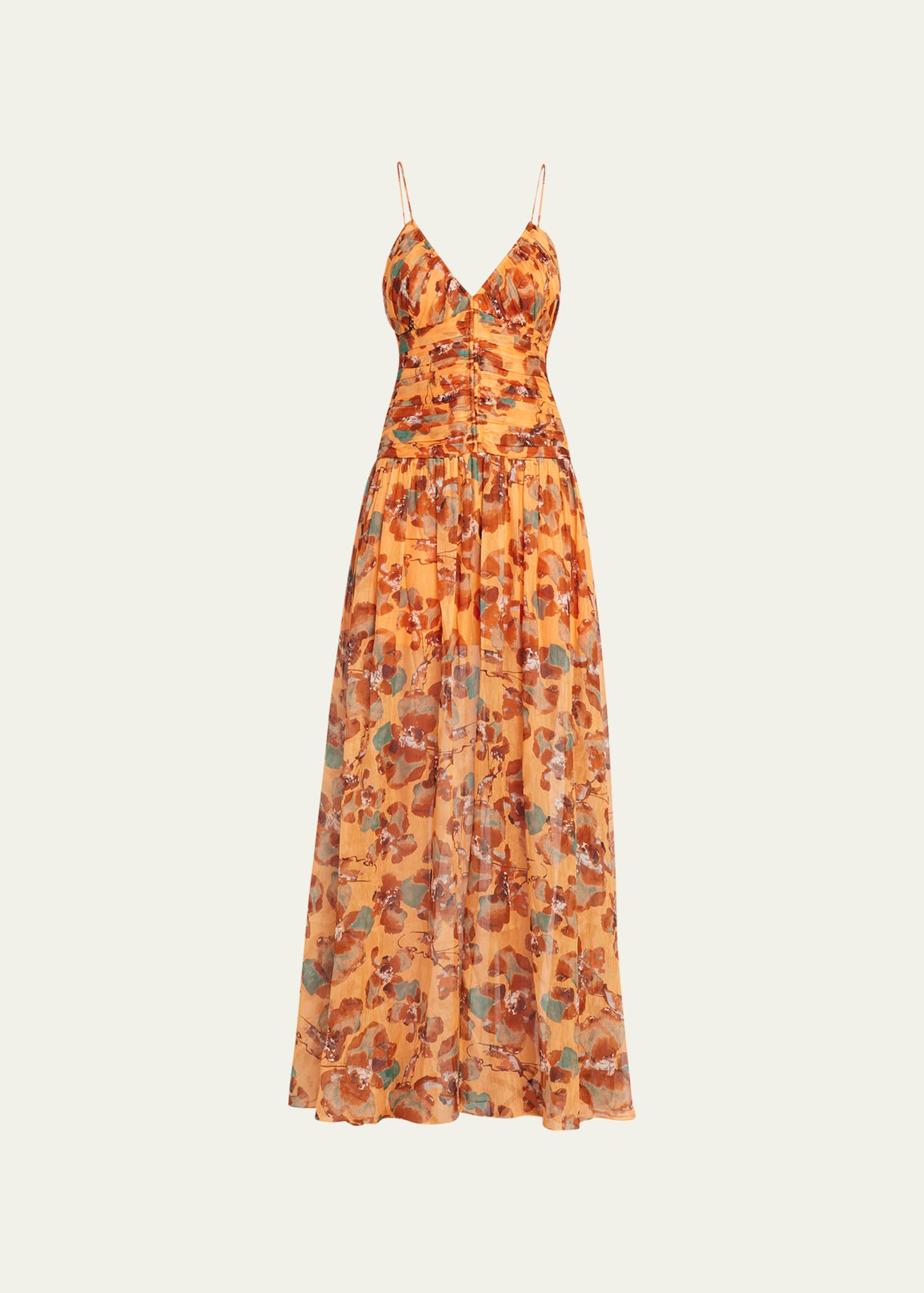 Shop Tanya Taylor Lovette Ruched-bodice Floral Maxi Dress In Melon Multi
