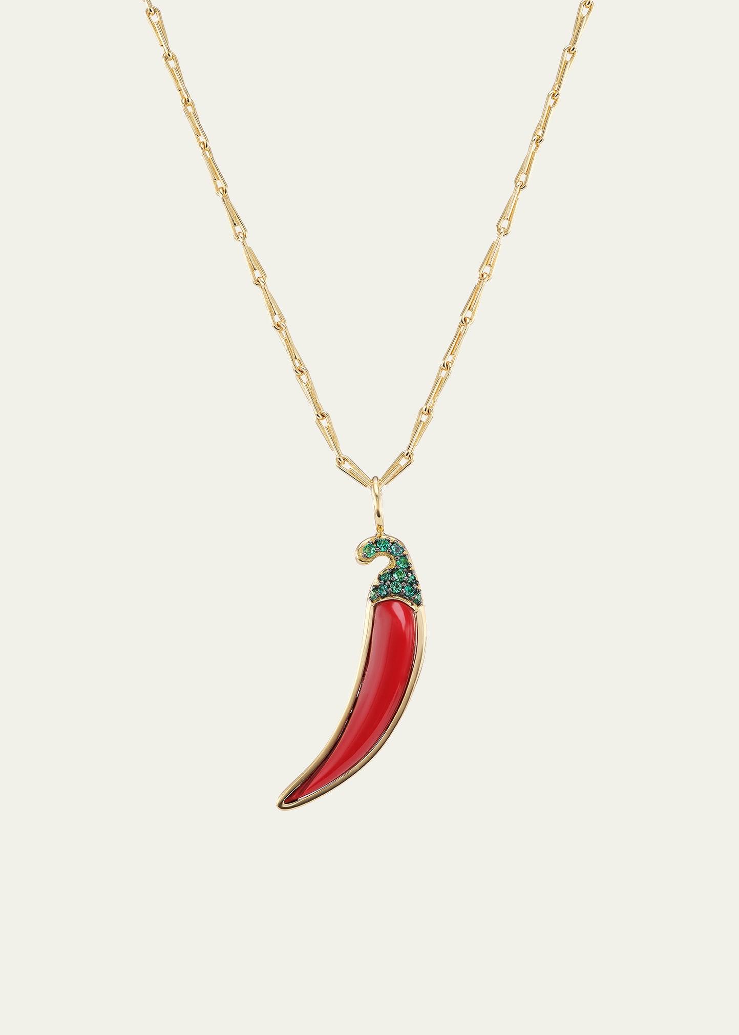Brent Neale 18k Yellow Gold Coral Chili Pepper Pendant With Emeralds In Yg