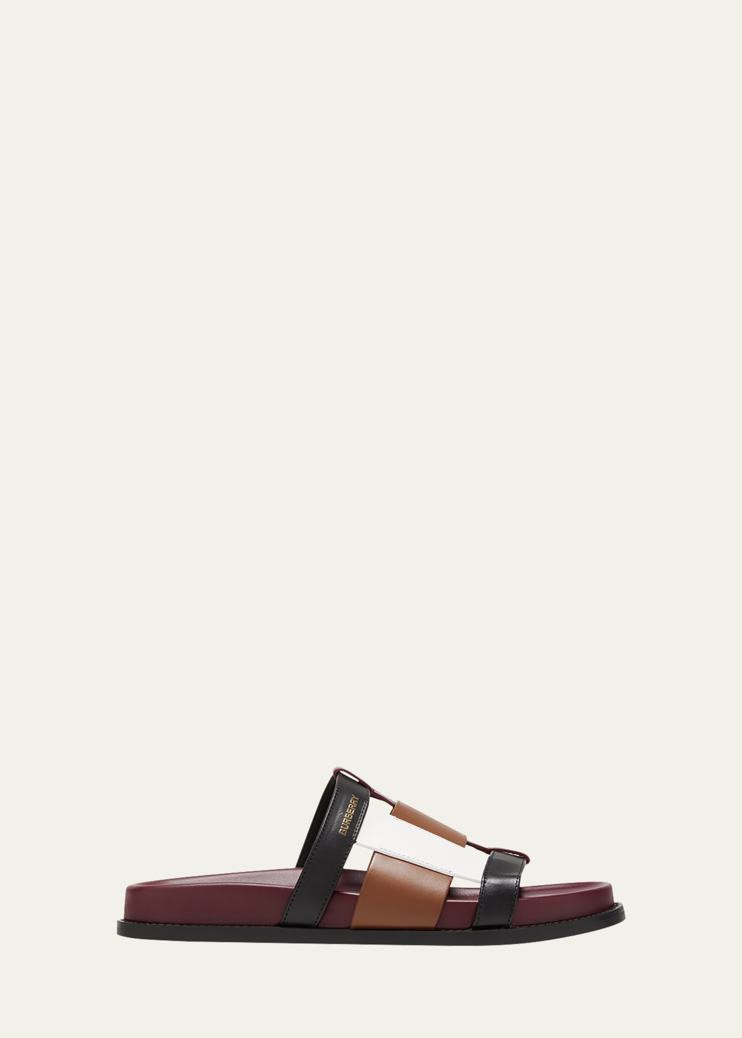 Burberry Colour Block Leather Slides In Dark Birch Brown/bordeaux/white