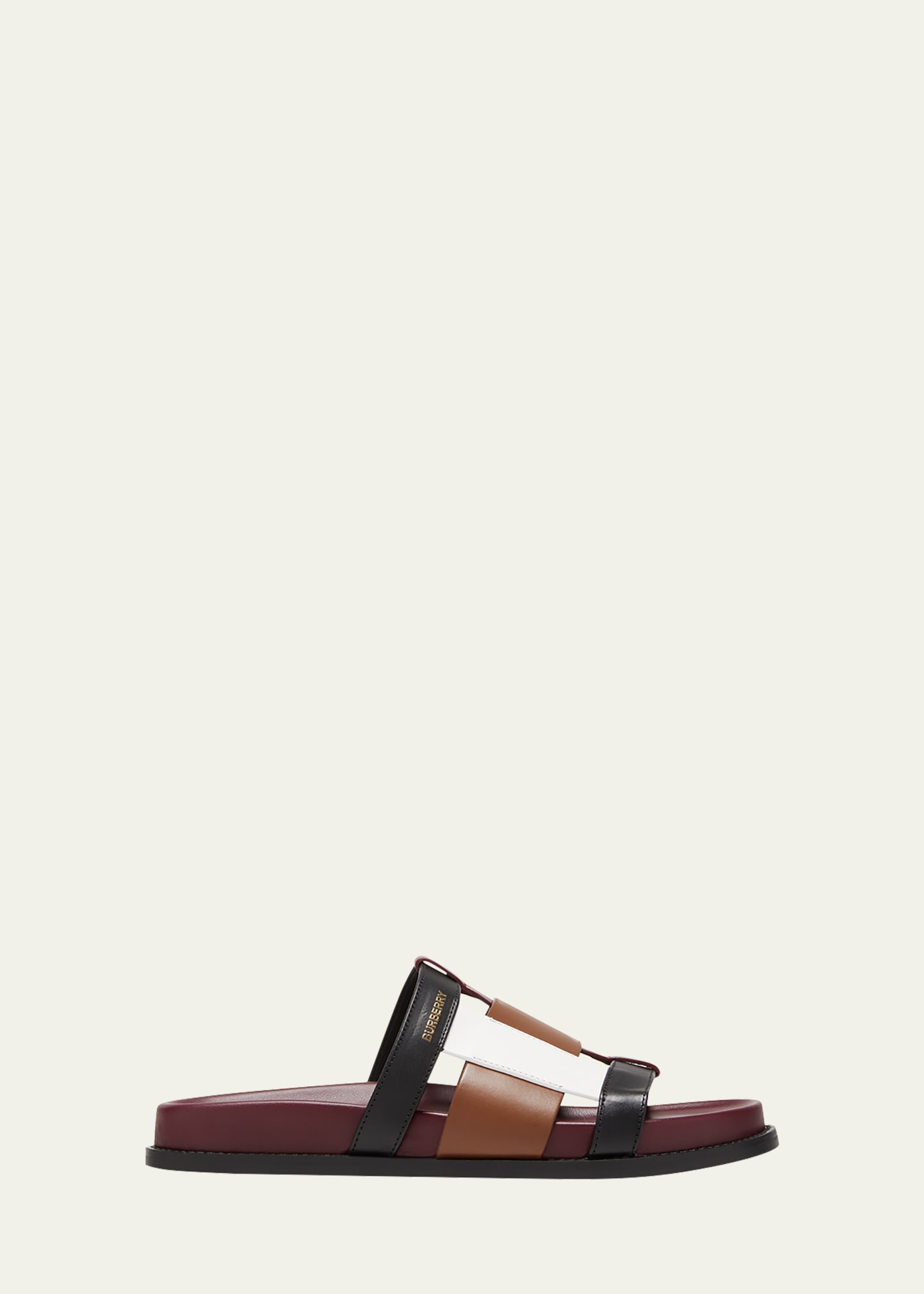 Burberry Colour Block Leather Slides In Dark Birch Brown bordeaux