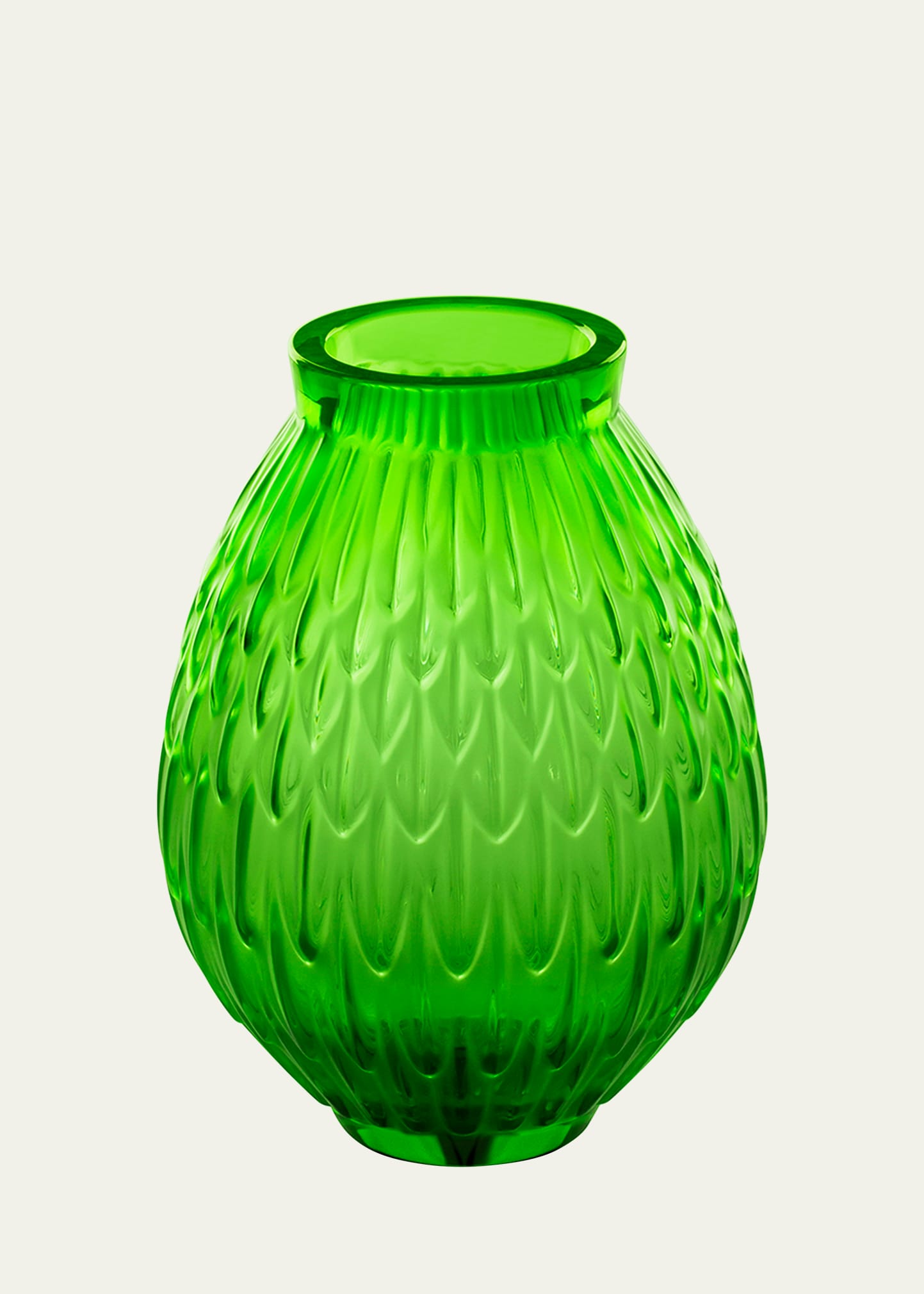 Lalique Plumes Small Crystal Vase (14,7cm) In Green