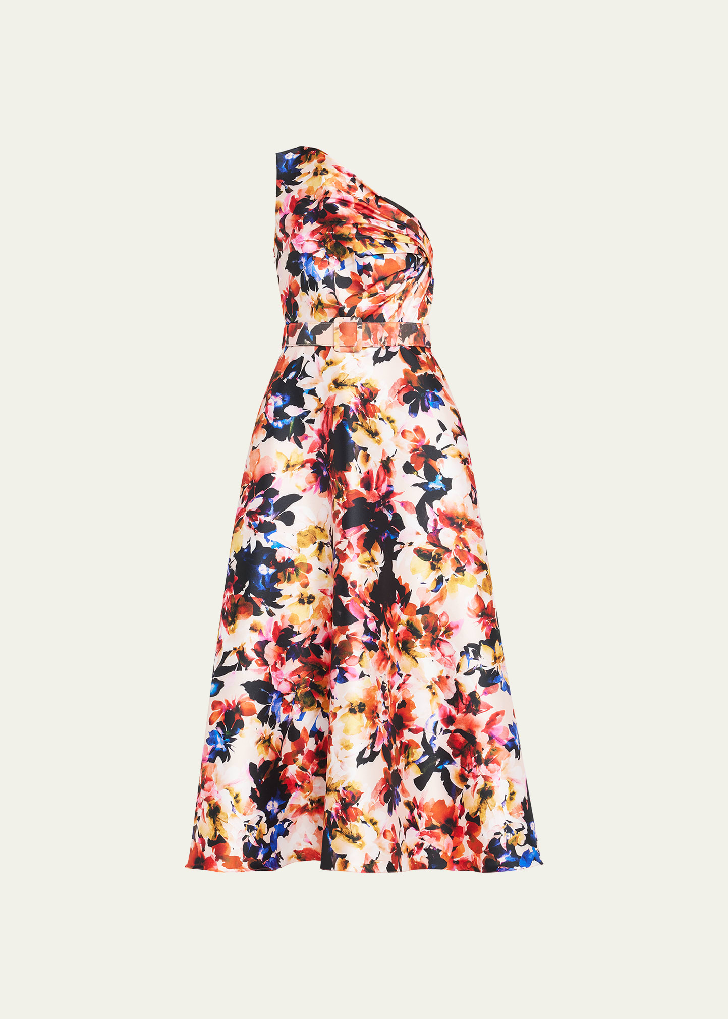 Badgley Mischka Collection Pleated One-Shoulder Floral-Print Midi Dress