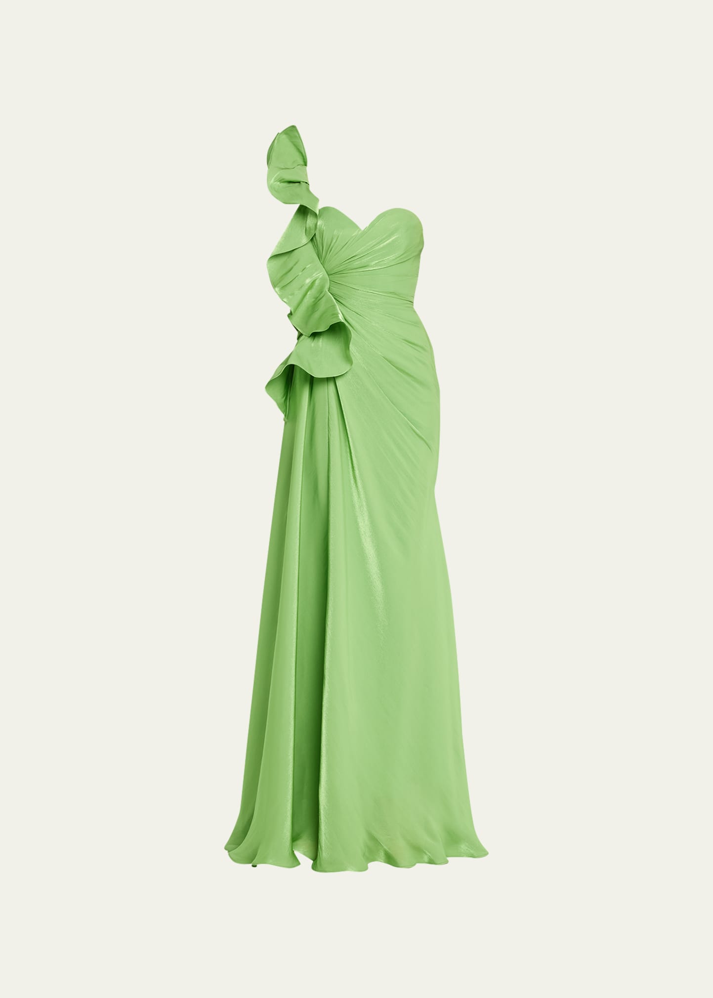 Badgley Mischka Botanical Leaf Ruched Ruffle Sweetheart Gown In Aloe