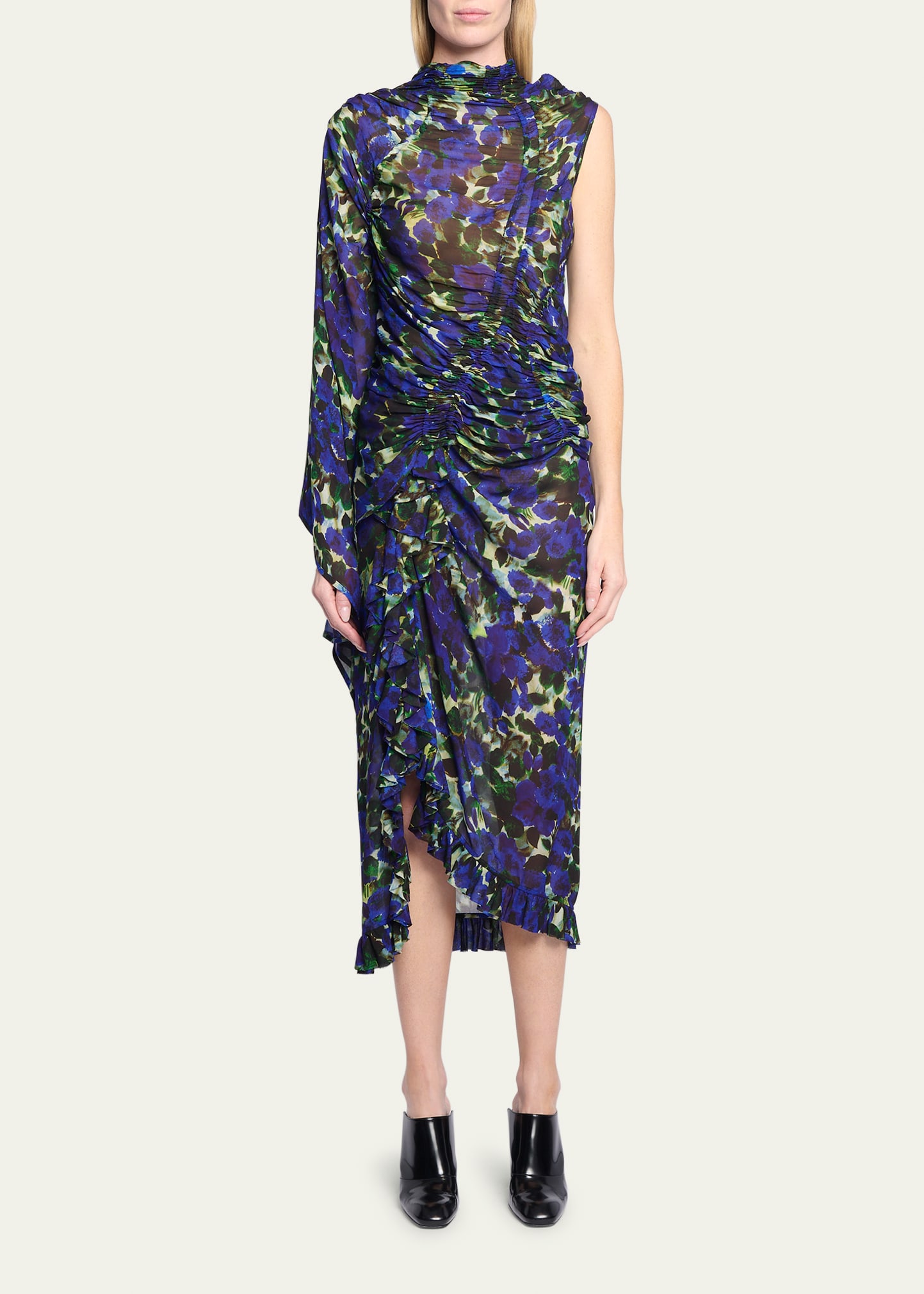 Dries Van Noten Gathered Floral-print Voile Midi Skirt In Indigo