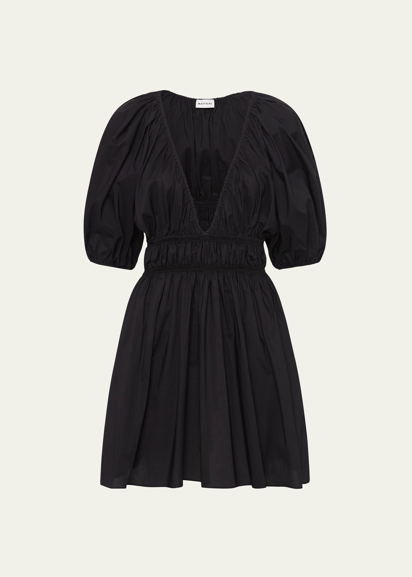 Shop Matteau Shirred Plunge Balloon-sleeve Mini Dress In Black