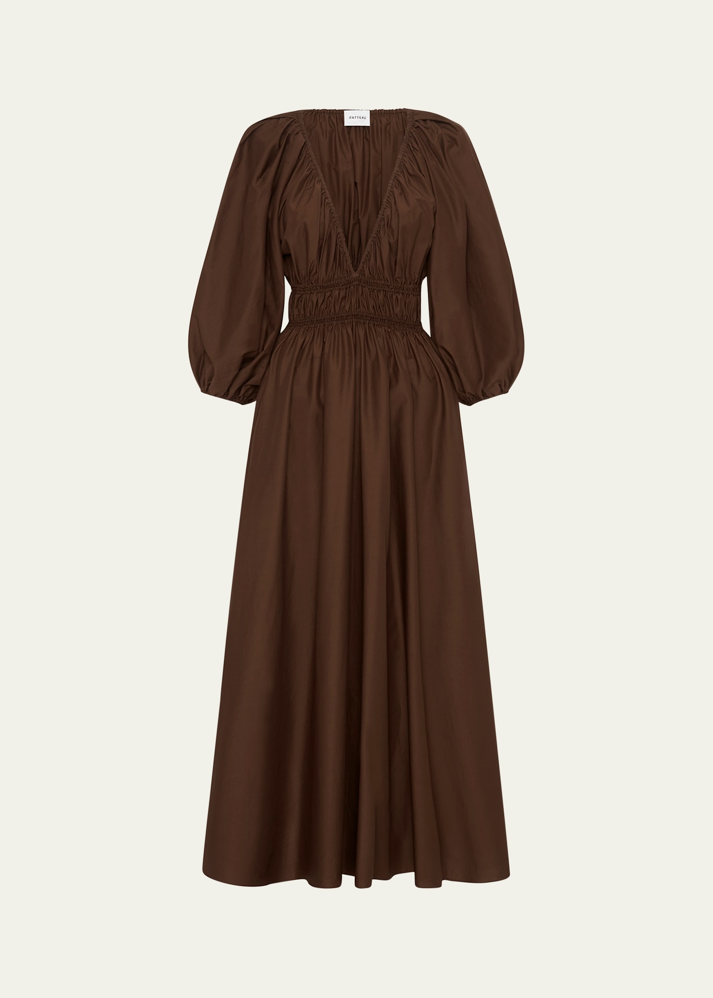 Matteau Shirred Plunge Balloon-sleeve Mini Dress In Sable