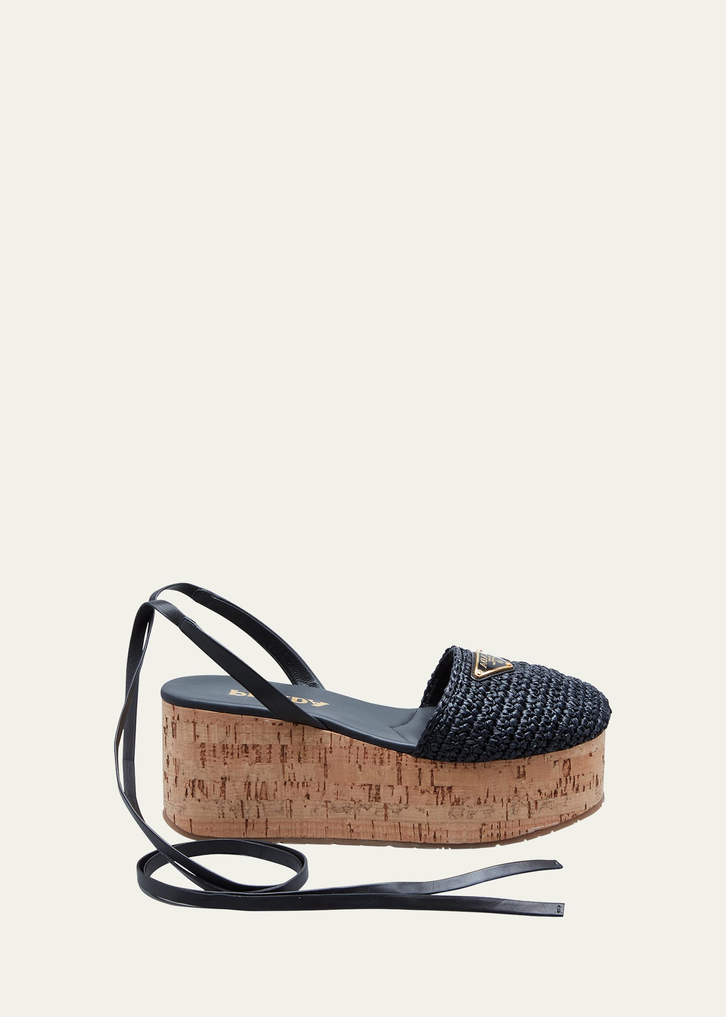 Prada Ankle-wrap Raffia Platform Sandals In Nero