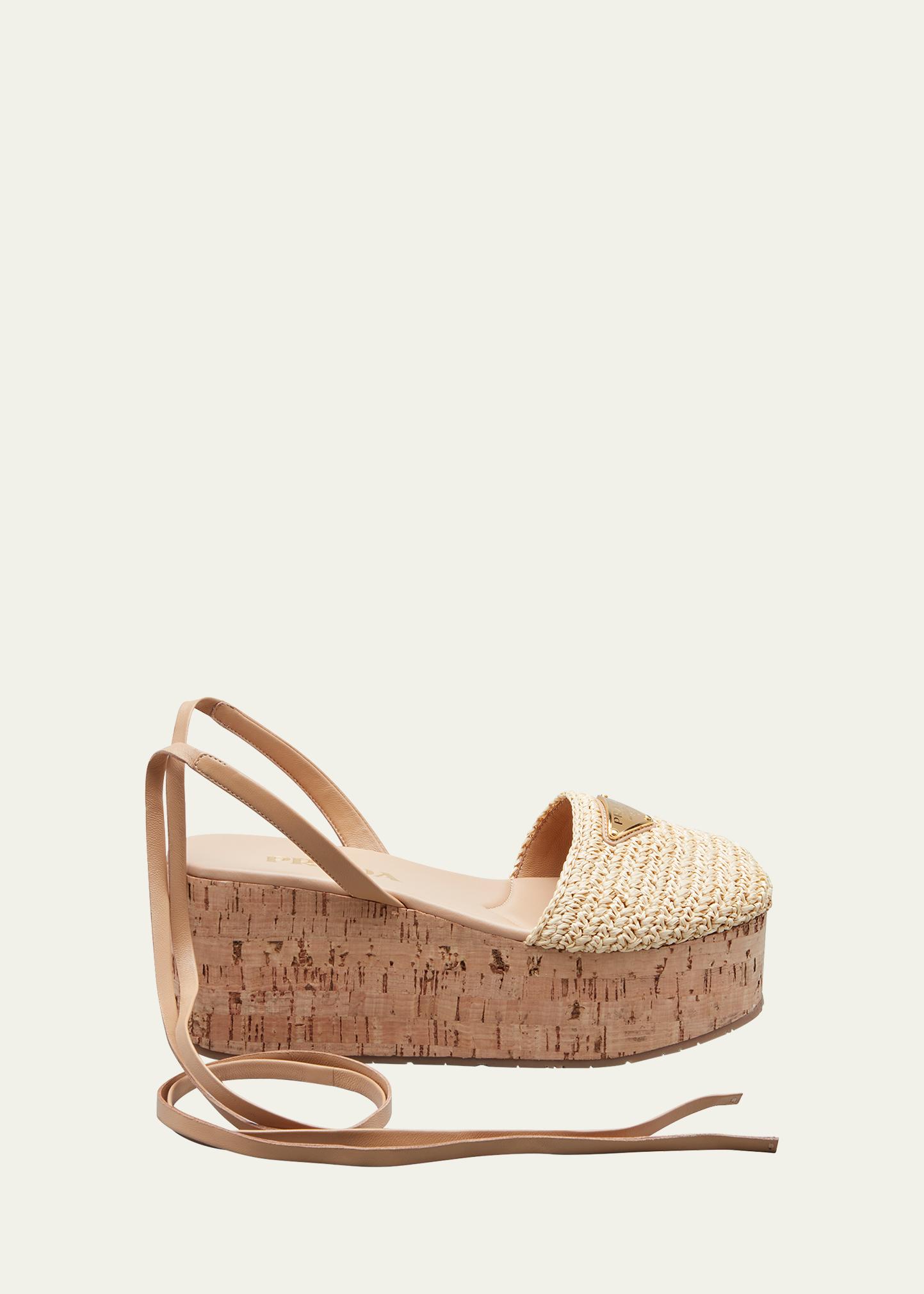 Prada Ankle-wrap Raffia Platform Sandals In Nero | ModeSens