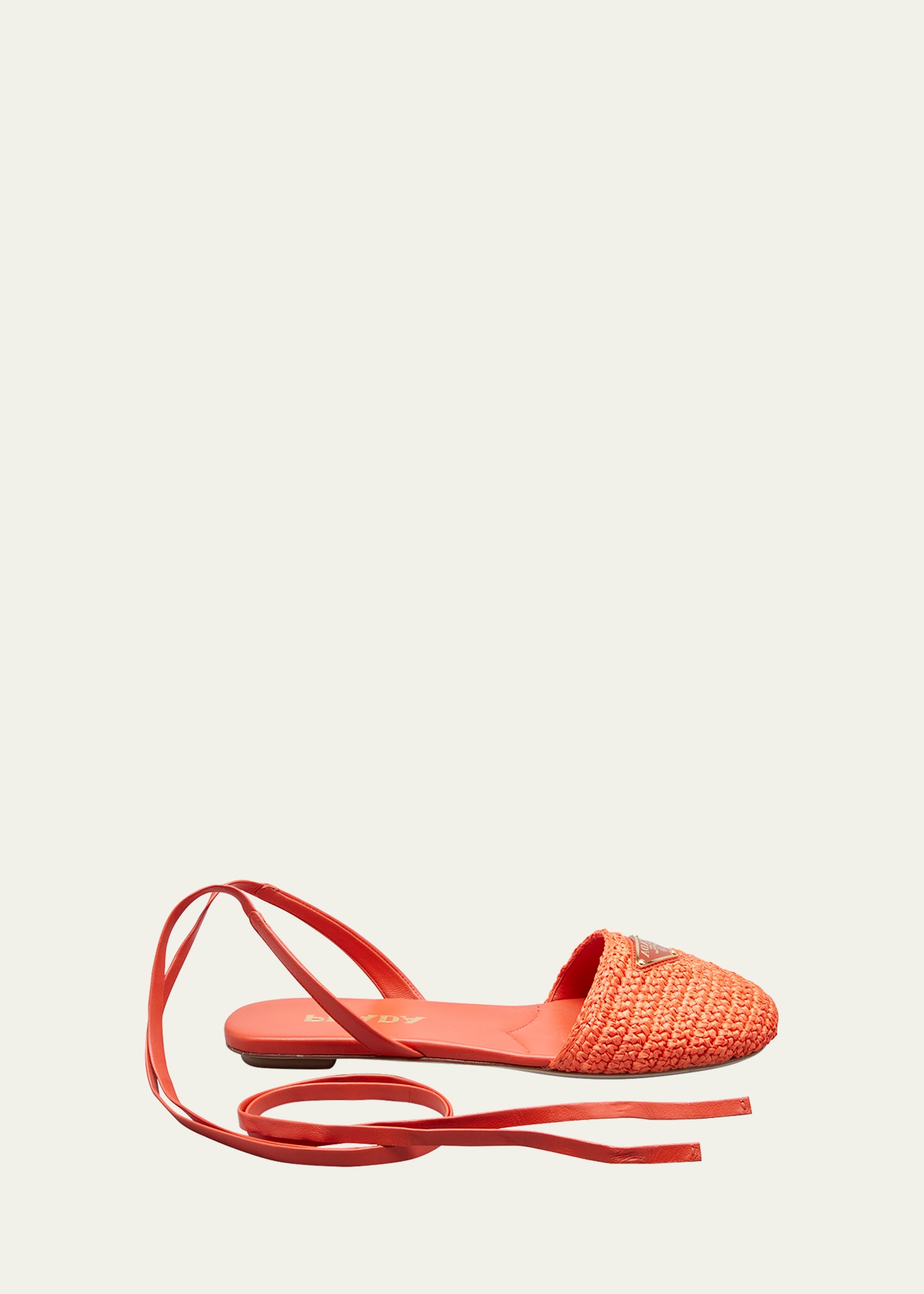 Prada Triangle Logo Raffia Ankle-wrap Flats In Arancio