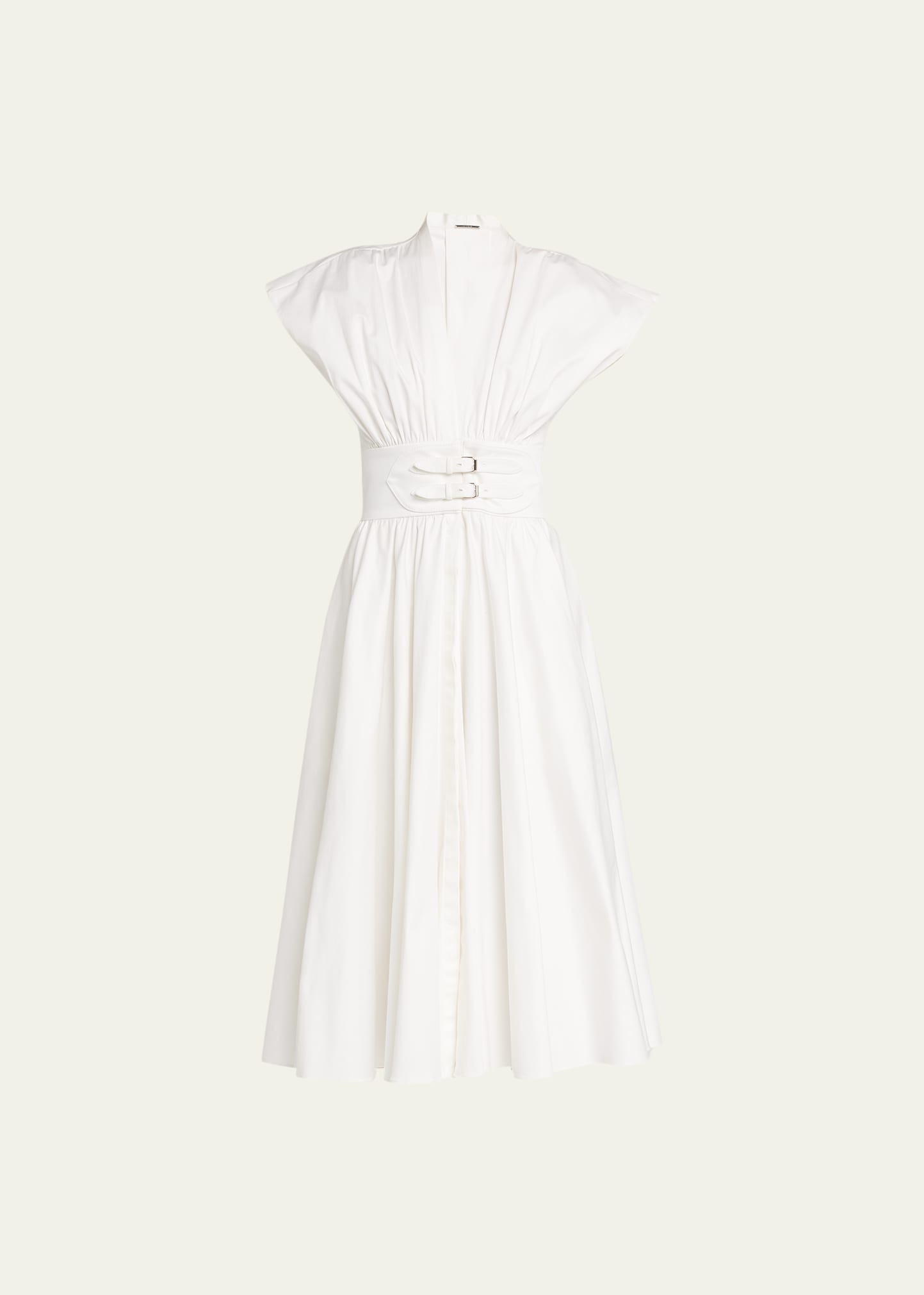 ALEXIS JADEN BUCKLE-WAIST PLEATED MIDI DRESS