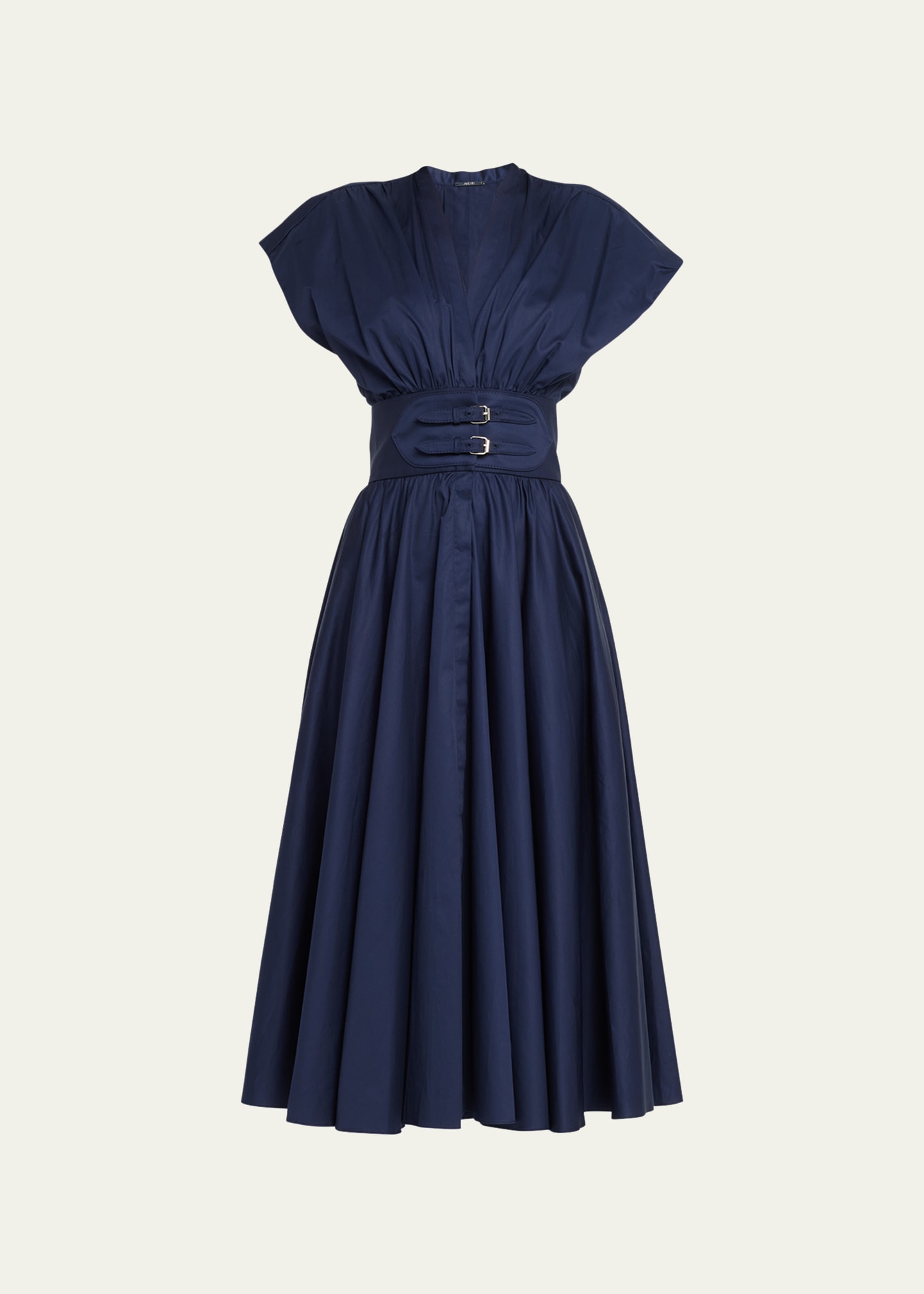 ALEXIS JADEN BUCKLE-WAIST PLEATED MIDI DRESS 