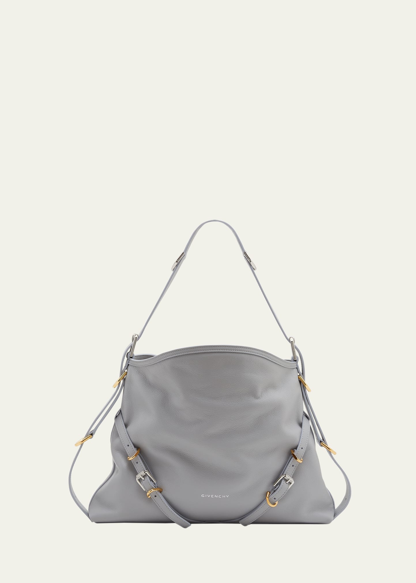Givenchy Voyou Medium Shoulder Bag In Tumbled Leather In Light Grey
