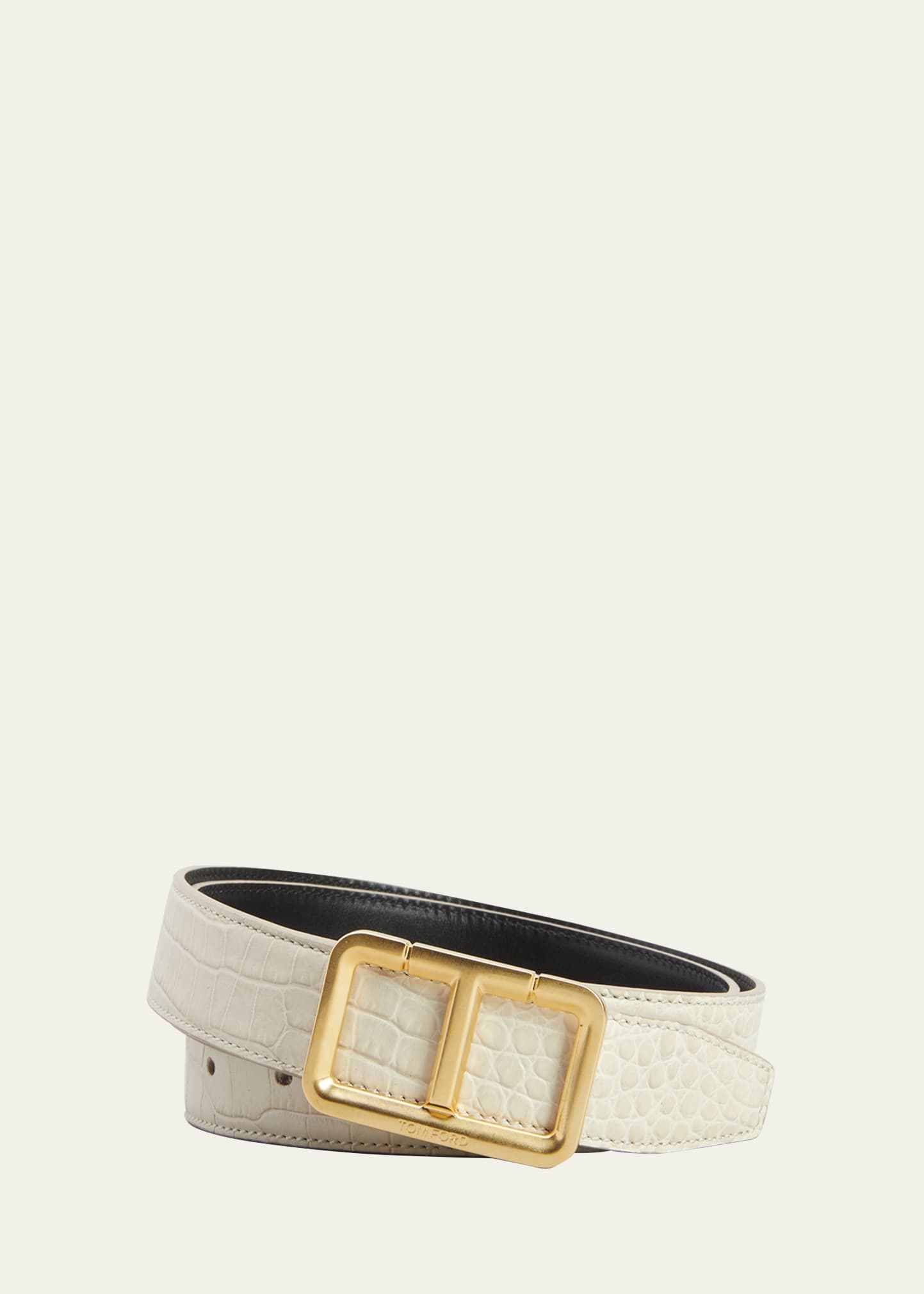 Tom Ford Men's Alligator-print Leather T-buckle Belt In Ivory