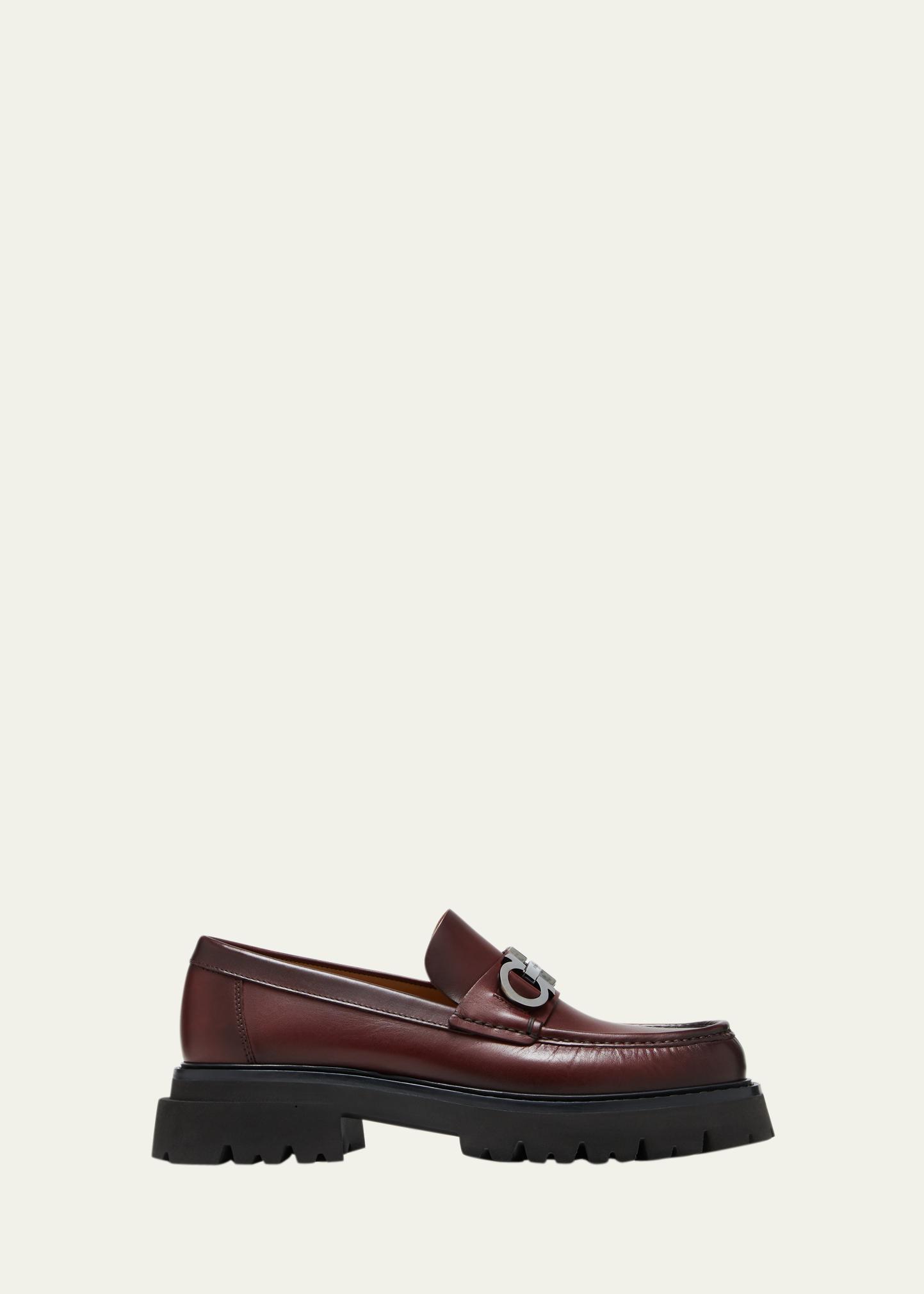 FERRAGAMO BURGUNDY LEATHER FLORIAN LUG SOLE GANCINI BIT LOGO LOAFERS 8 D ITALY Vintage Salvatore Ferragamo Loafers Men Burgundy Leather Bit  main image 4