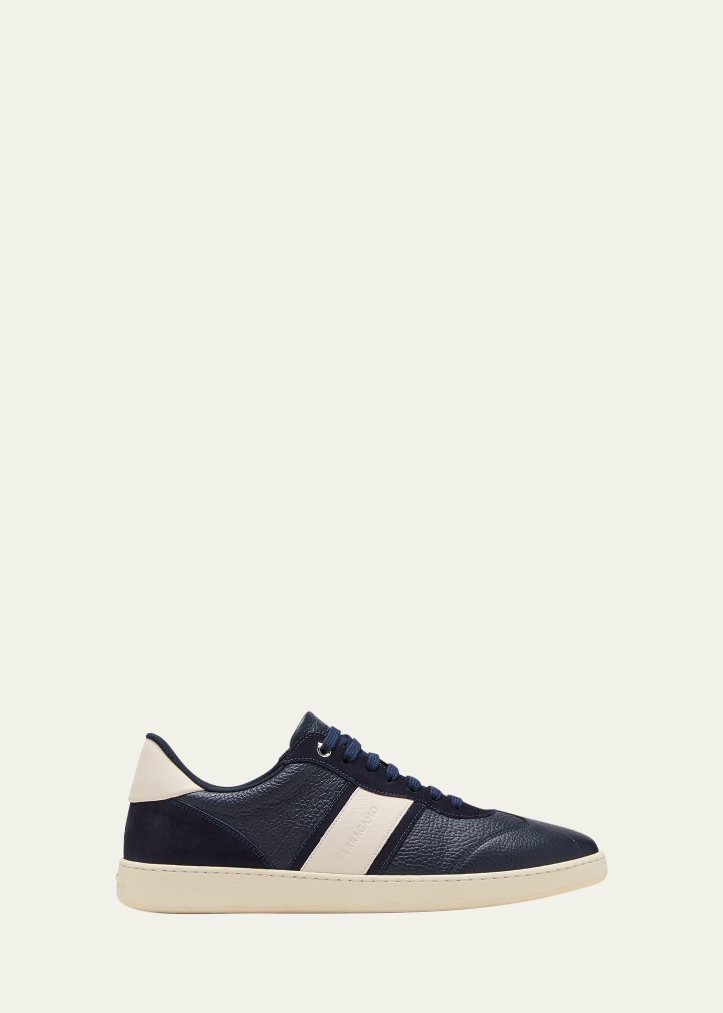 Ferragamo Panelled Calf Leather Sneakers With Contrasting Heel In Blue Marin