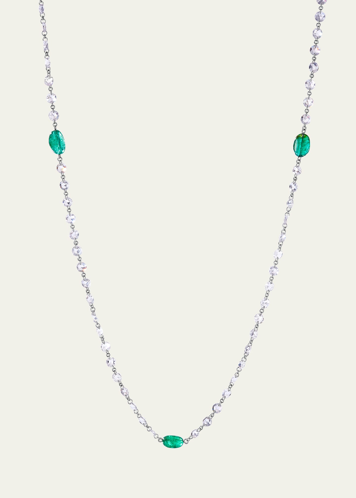 64 Facets Platinum Necklace With Diamonds And Emerald Beads